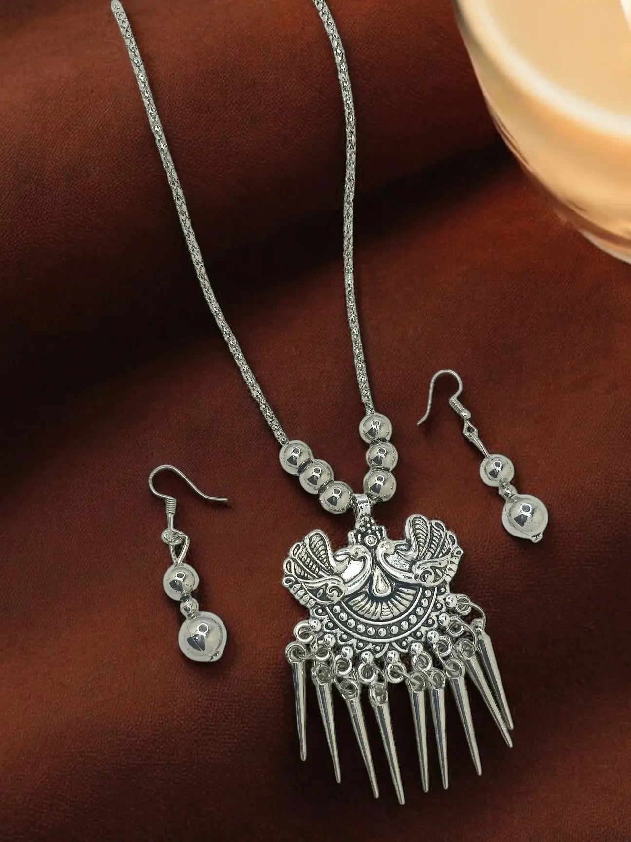Silver Oxidized Intricate Tribal Pendant Necklace with Matching Earrings