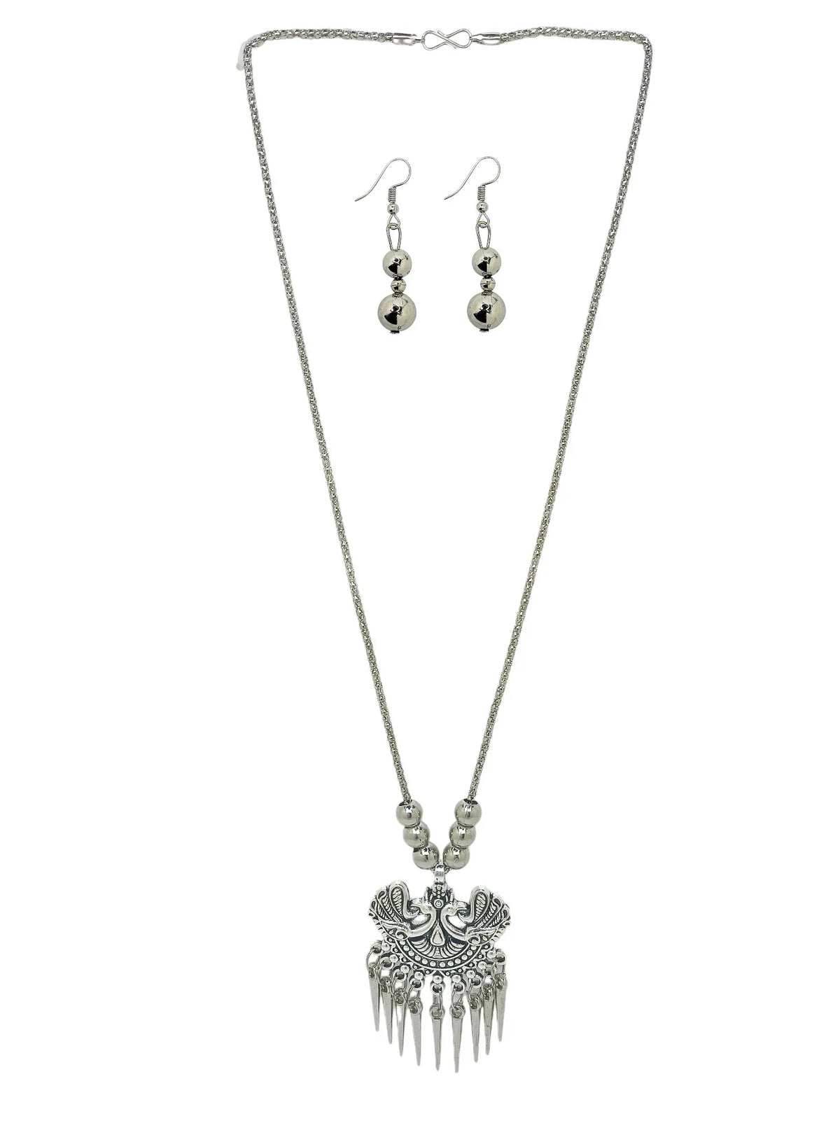 Silver Oxidized Intricate Tribal Pendant Necklace with Matching Earrings