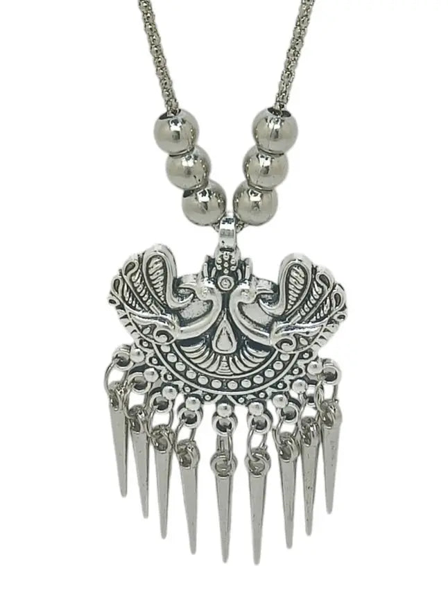 Silver Oxidized Intricate Tribal Pendant Necklace with Matching Earrings