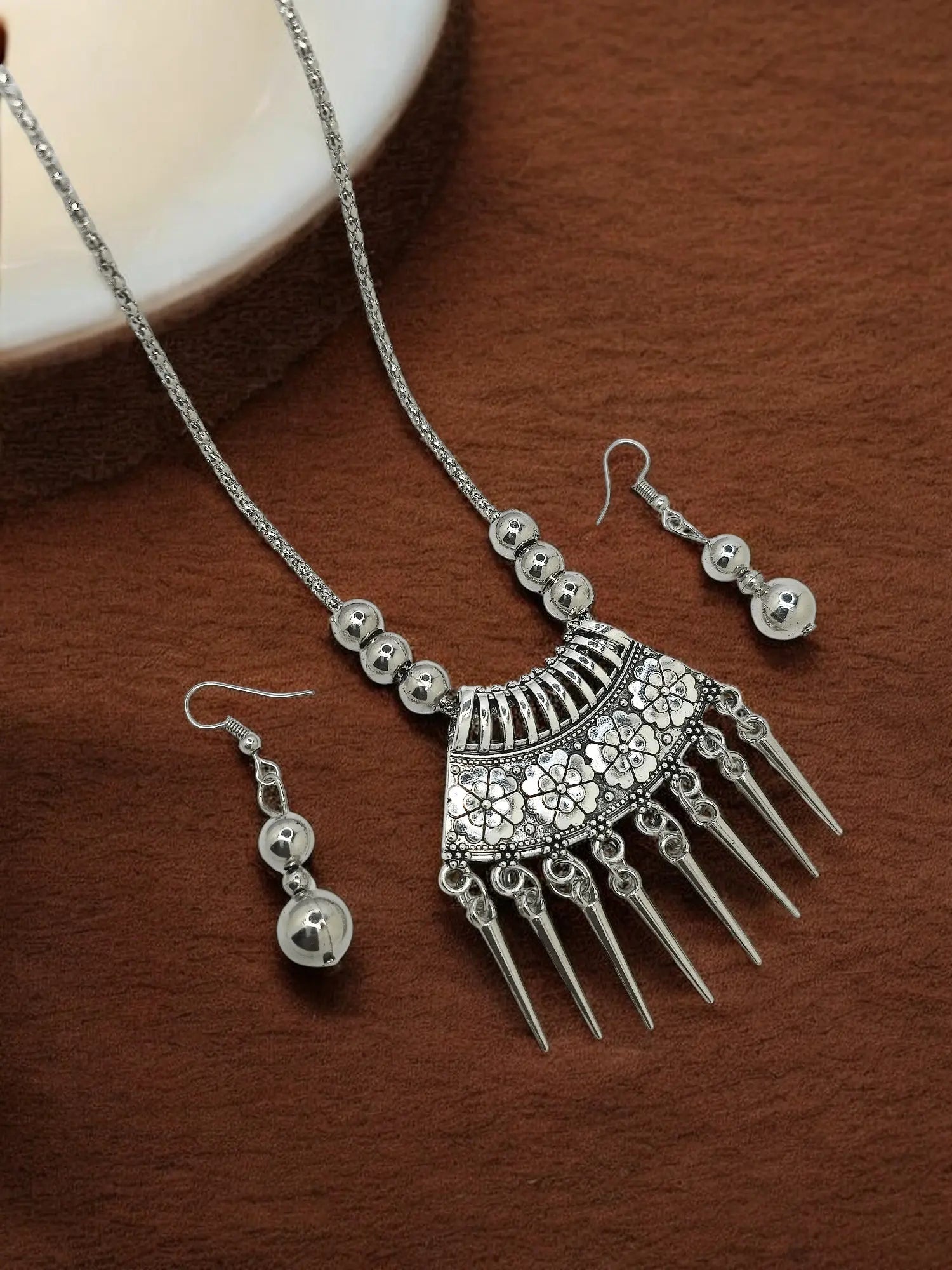 Silver Oxidized Intricate Tribal Pendant Necklace with Earrings Set