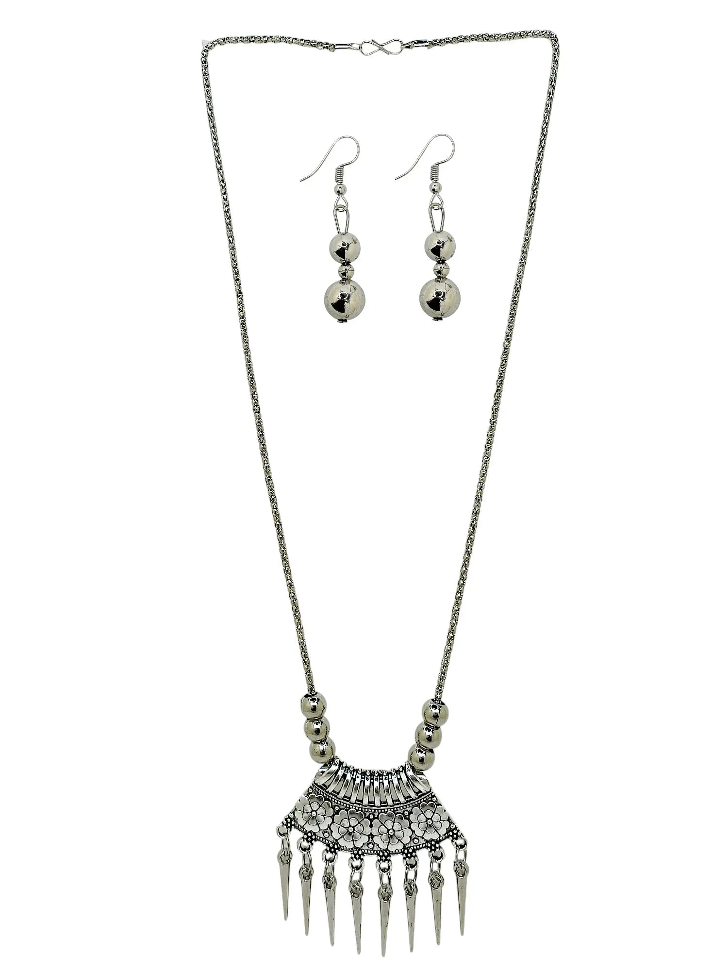 Silver Oxidized Intricate Tribal Pendant Necklace with Earrings Set