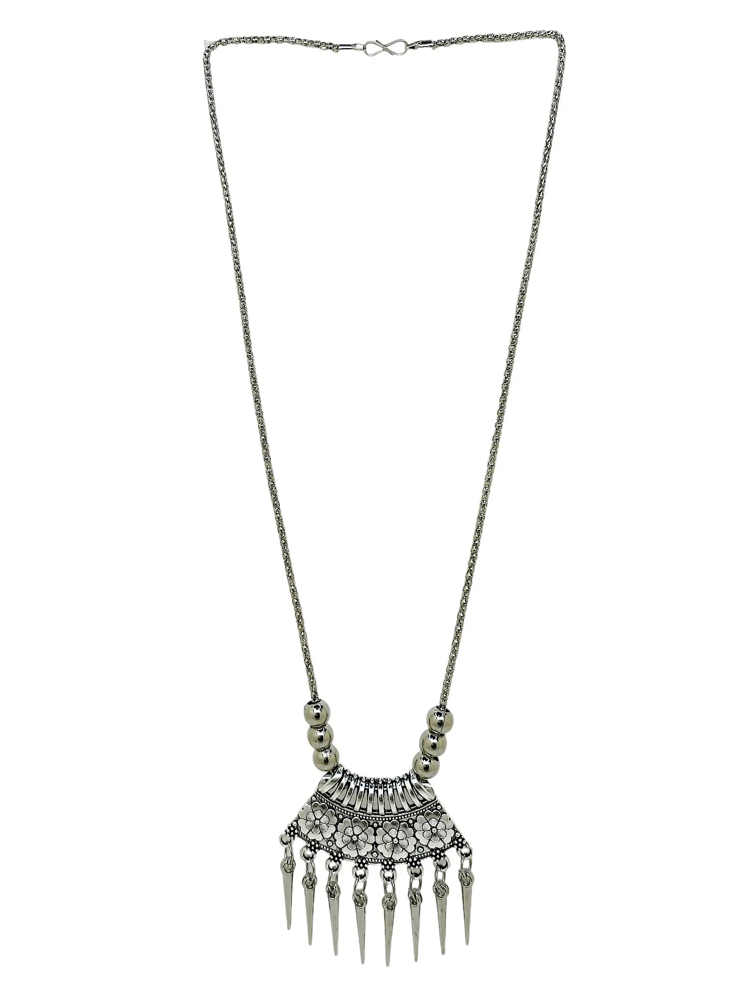 Silver Oxidized Intricate Tribal Pendant Necklace with Earrings Set