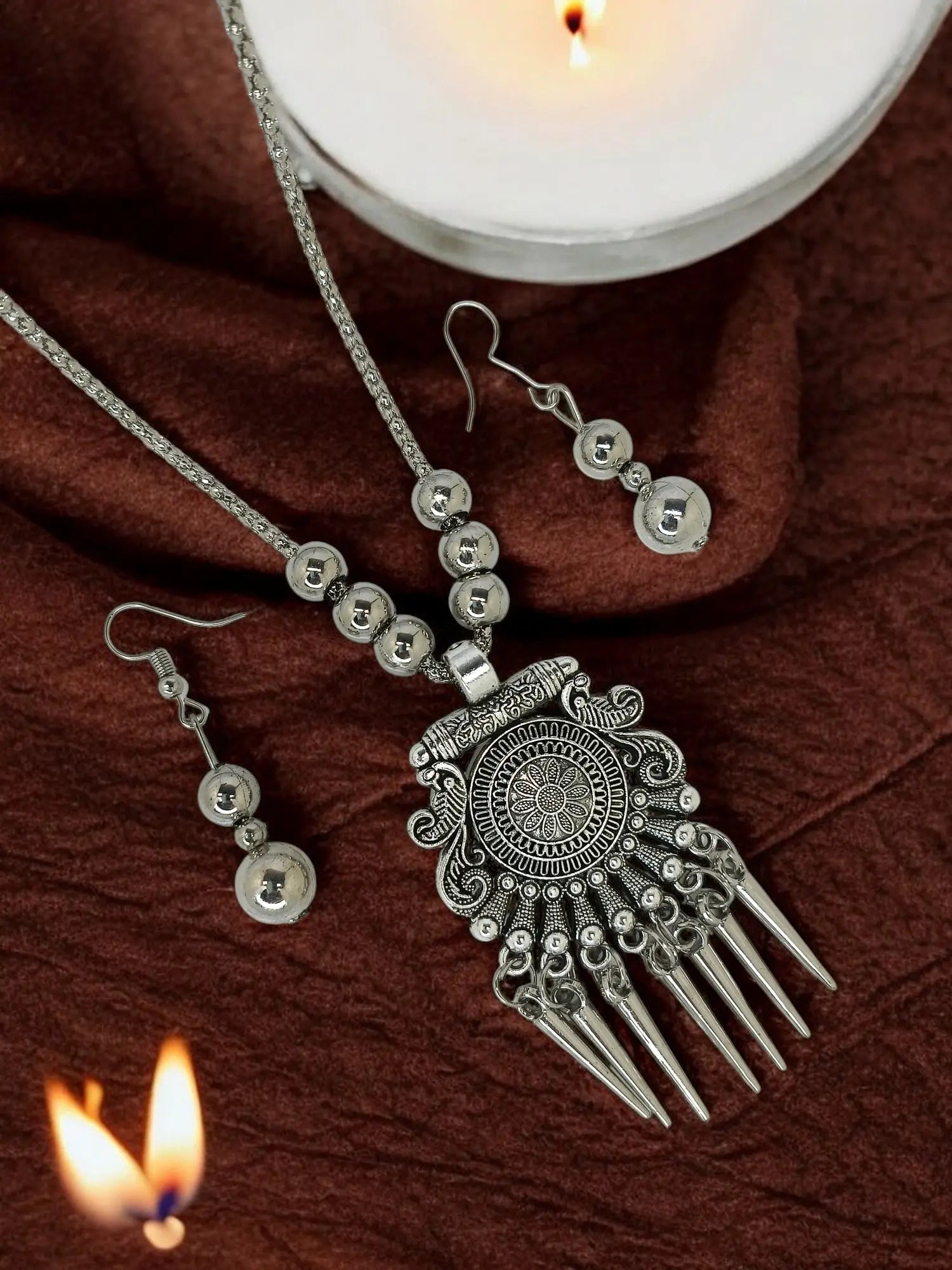 Silver Oxidized Intricate Tribal Pendant Necklace with Matching Earrings Sets