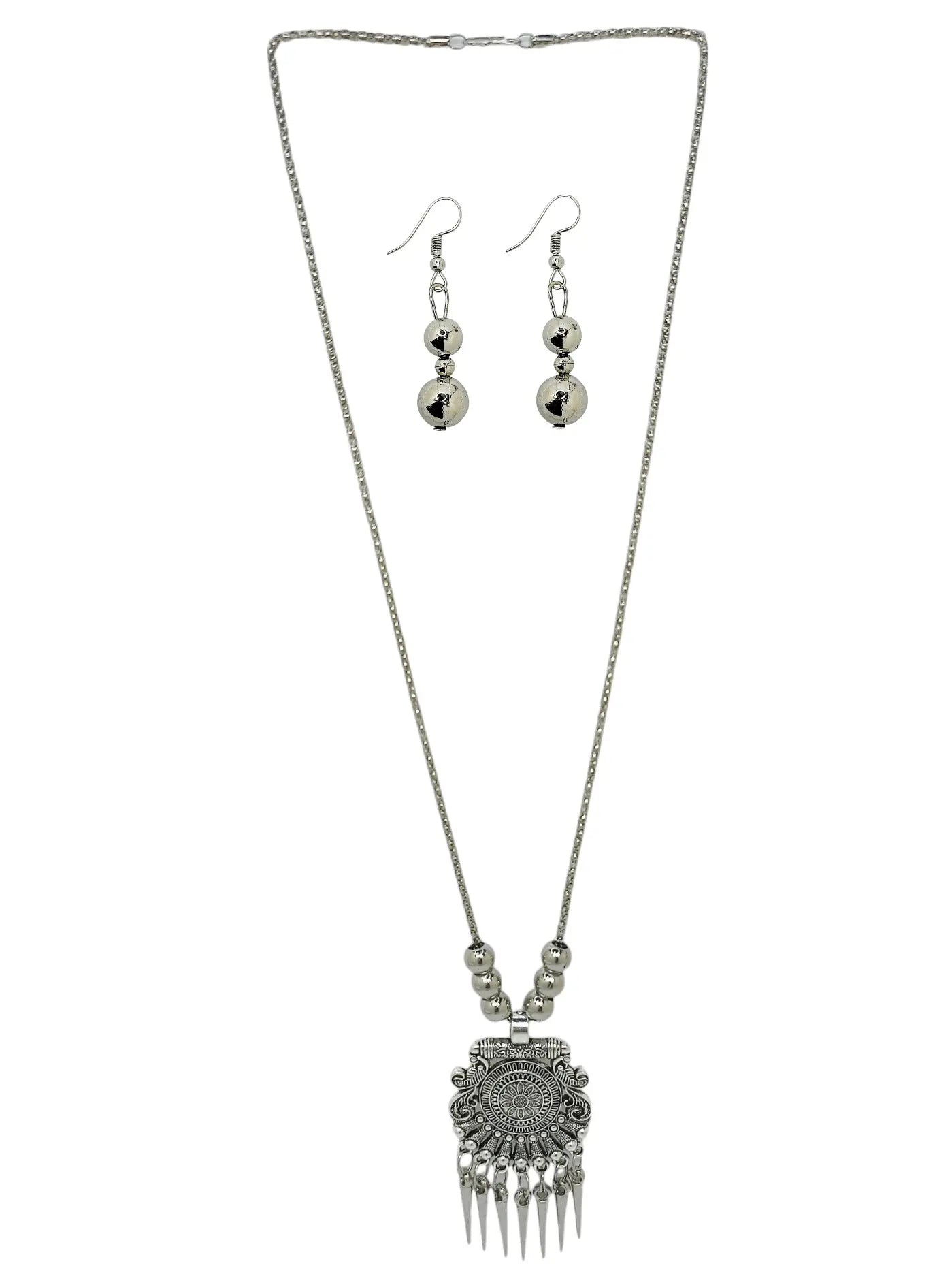 Silver Oxidized Intricate Tribal Pendant Necklace with Matching Earrings Sets