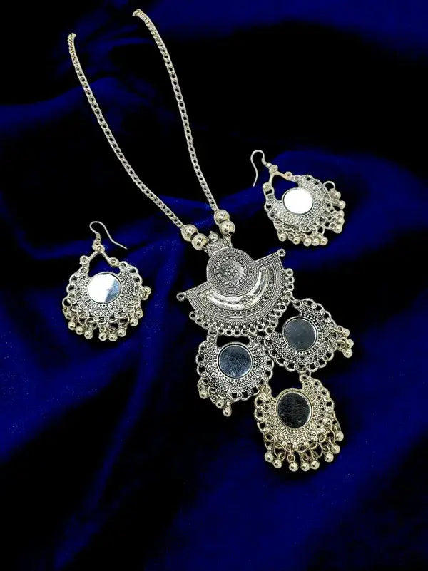 Silver Oxidized Intricate Tribal Pendant Necklace with Mirror Accents and Matching Earrings