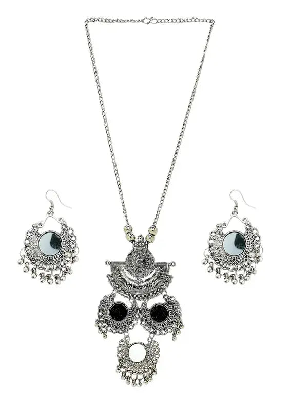 Silver Oxidized Intricate Tribal Pendant Necklace with Mirror Accents and Matching Earrings