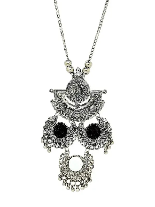 Silver Oxidized Intricate Tribal Pendant Necklace with Mirror Accents and Matching Earrings