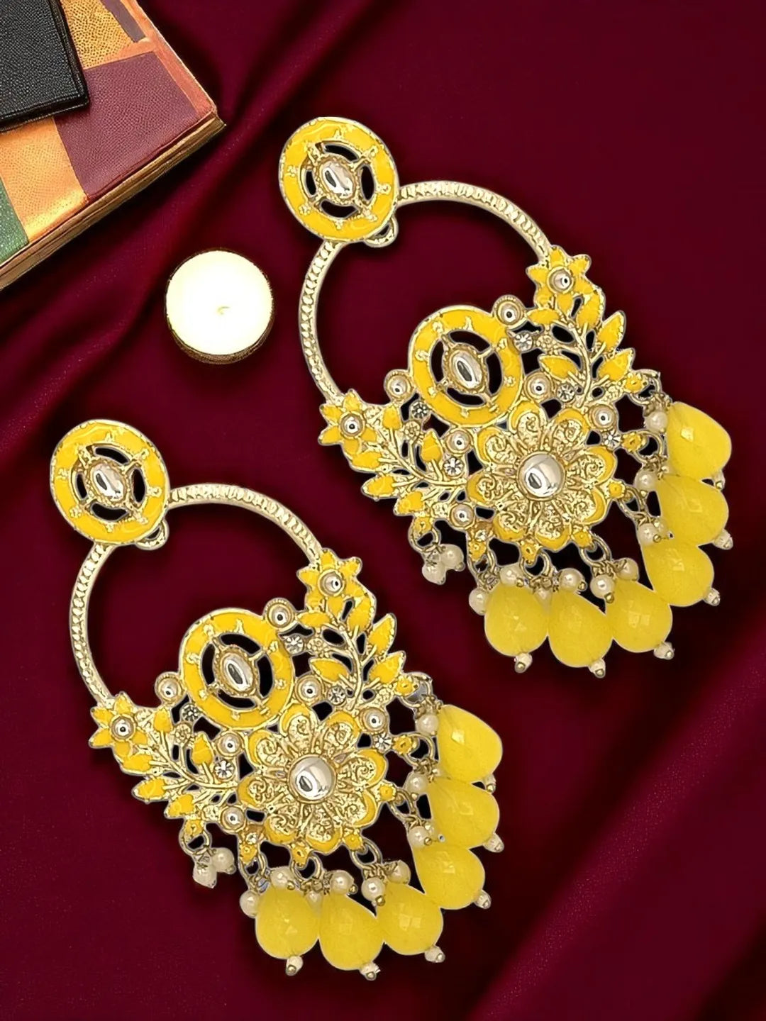 Gold-Plated Kundan Stuuded Contemporary Drop Earrings