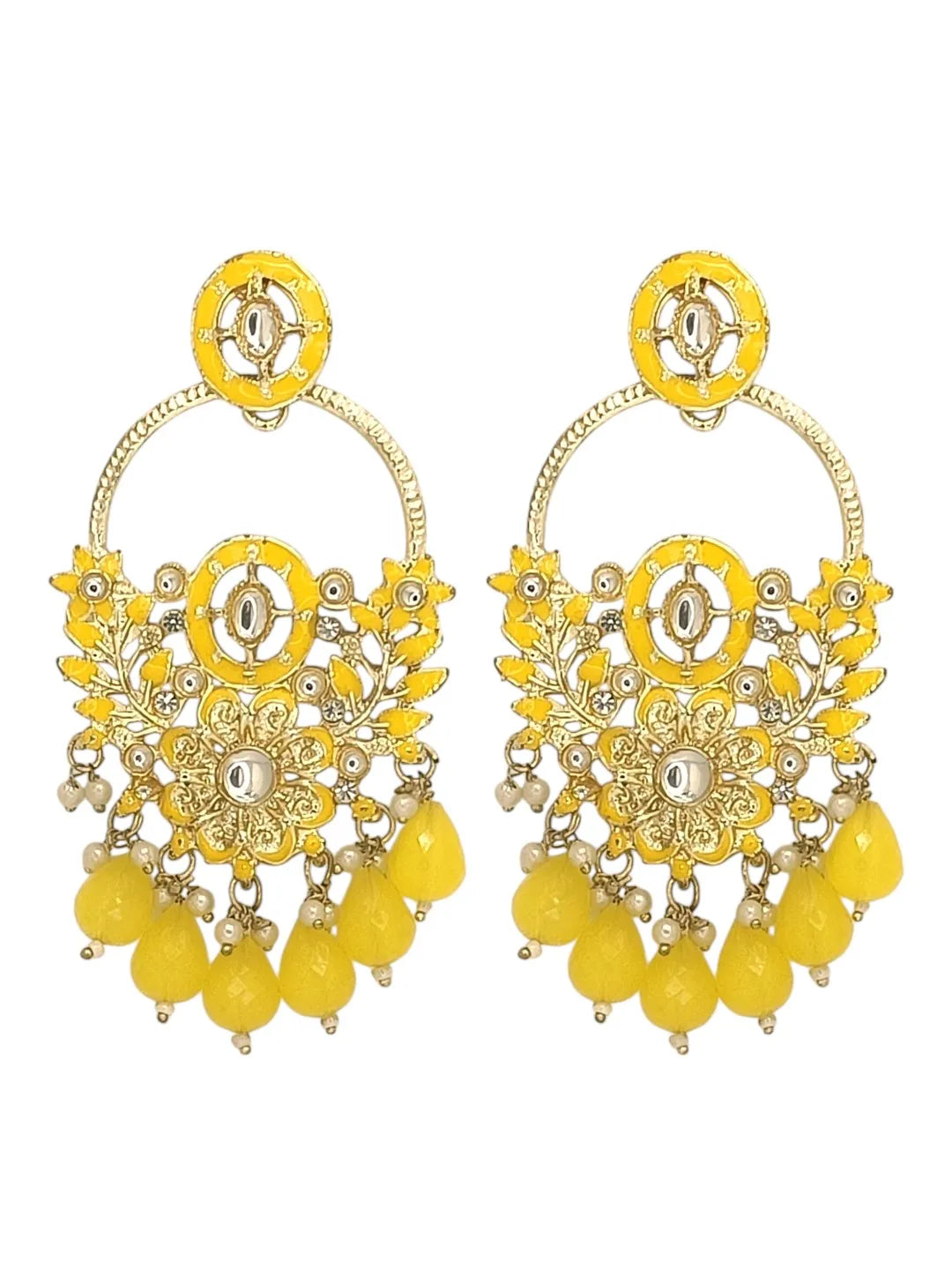 Gold-Plated Kundan Stuuded Contemporary Drop Earrings