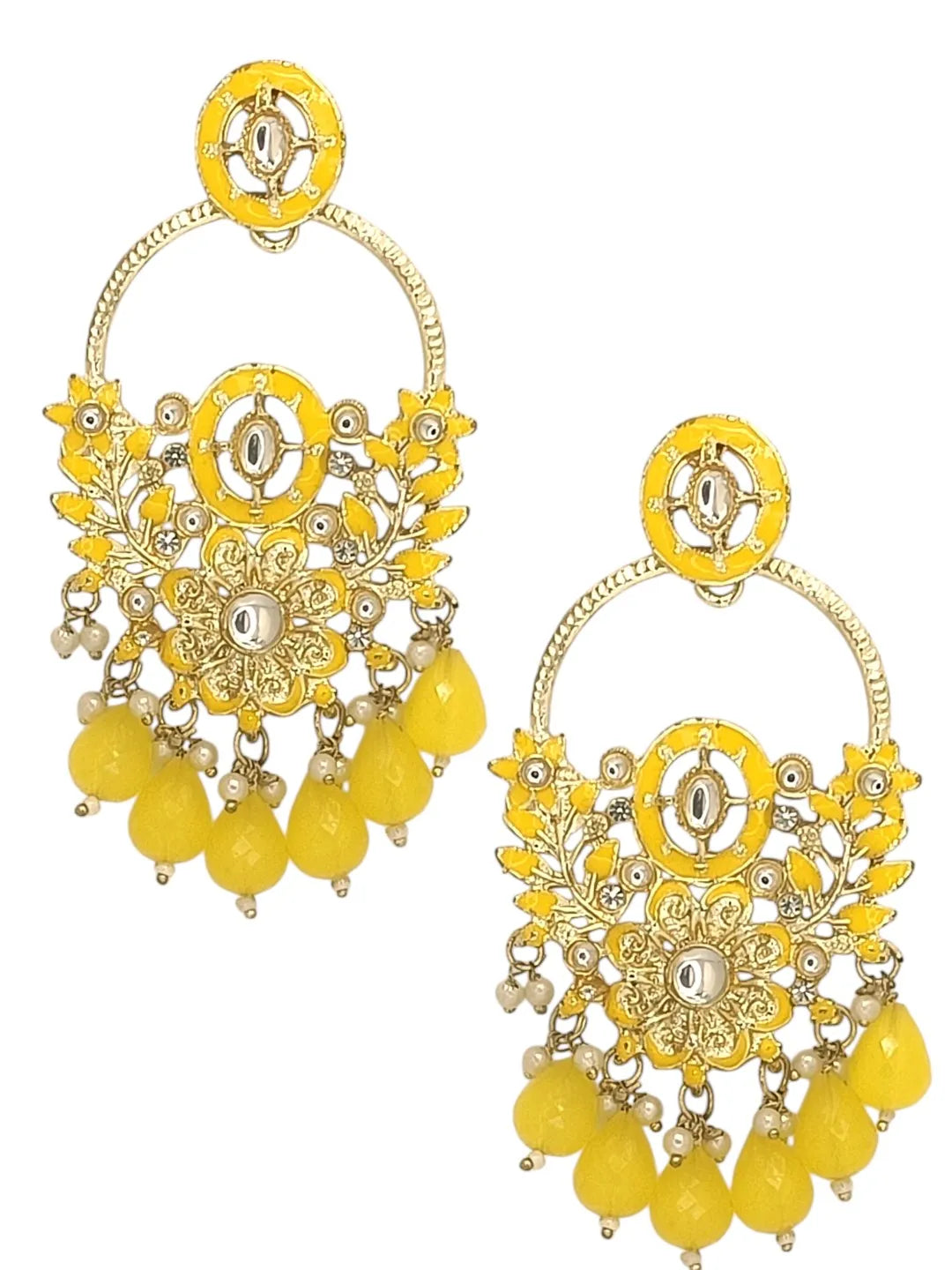 Gold-Plated Kundan Stuuded Contemporary Drop Earrings