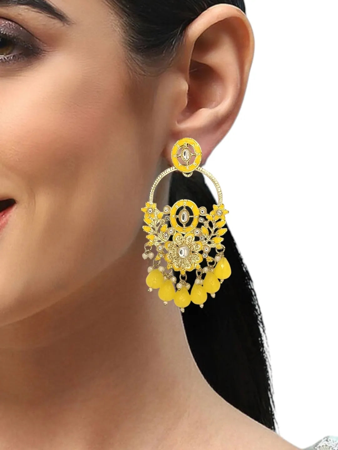 Gold-Plated Kundan Stuuded Contemporary Drop Earrings