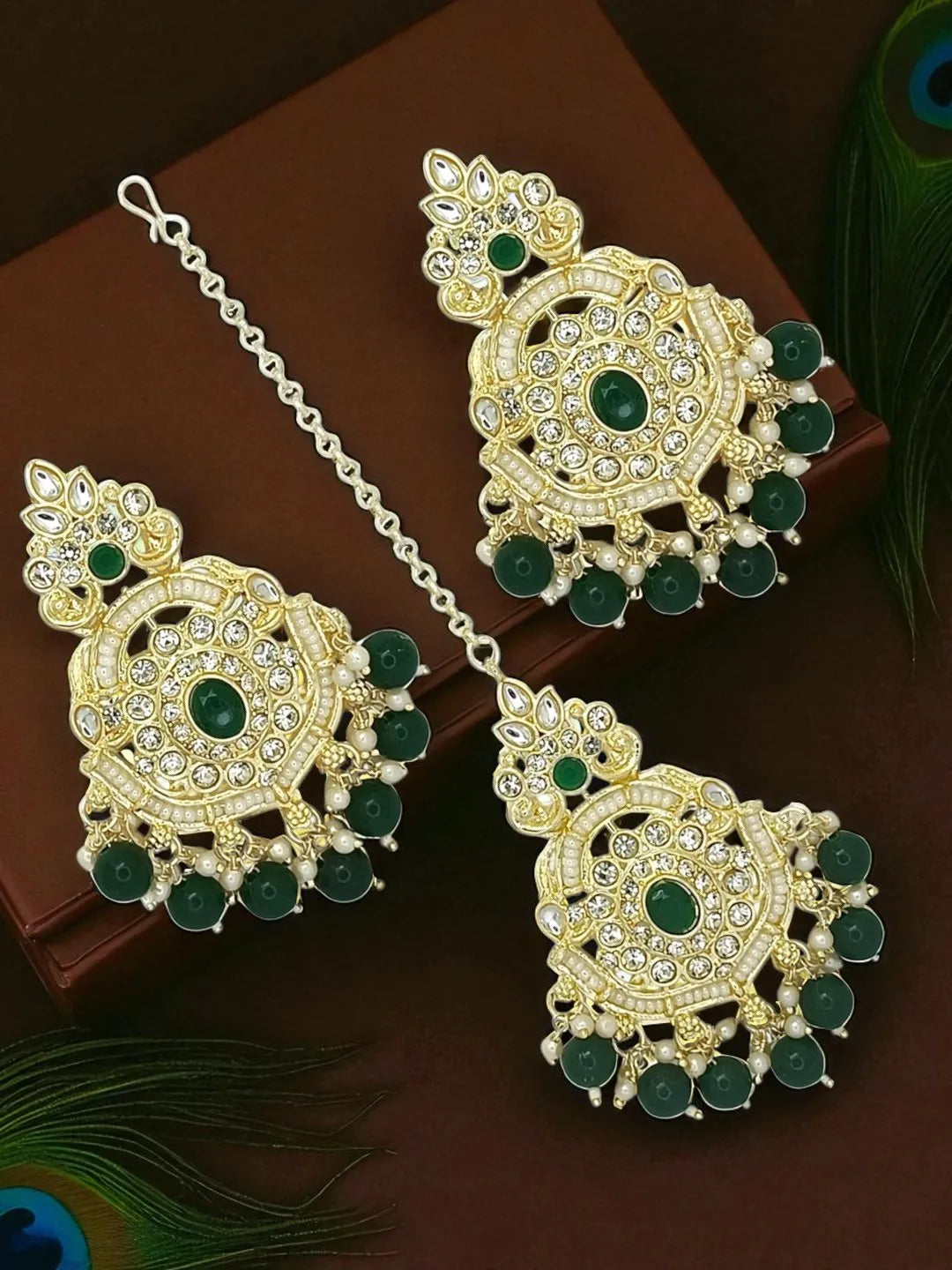 Gold Plated Cubic Zircon Studded Green Earrings with Maangtikka Set