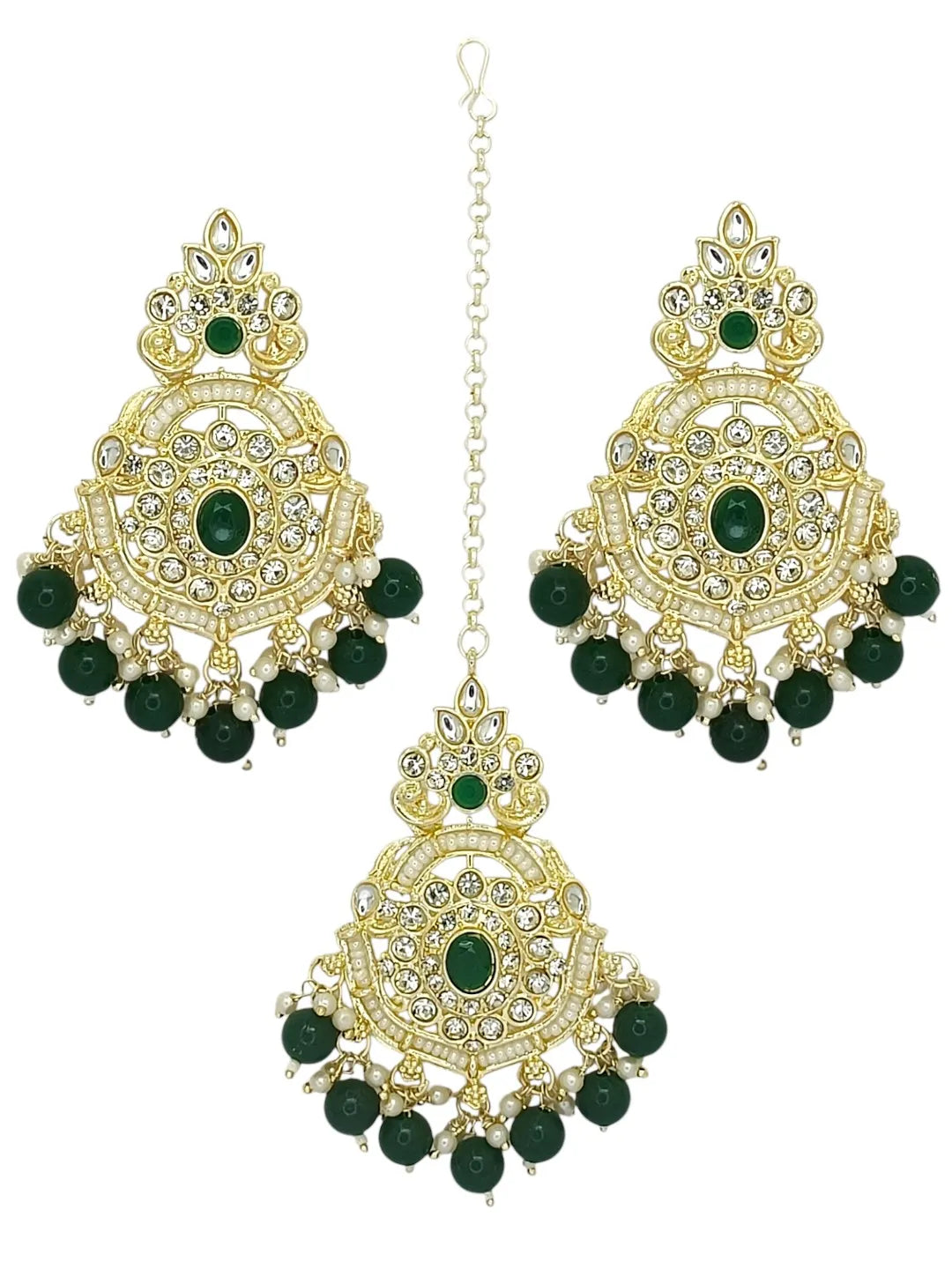 Gold Plated Cubic Zircon Studded Green Earrings with Maangtikka Set