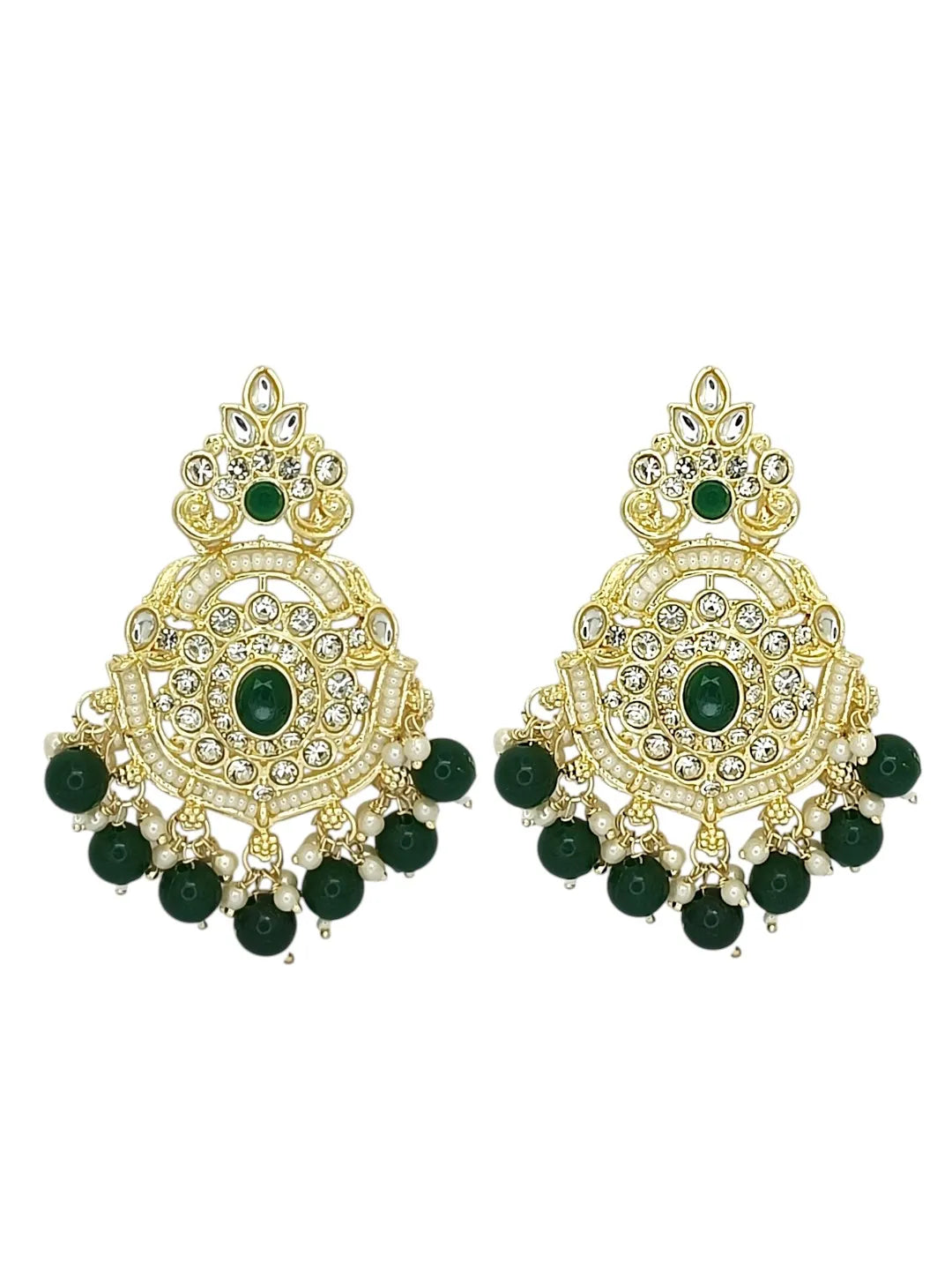 Gold Plated Cubic Zircon Studded Green Earrings with Maangtikka Set