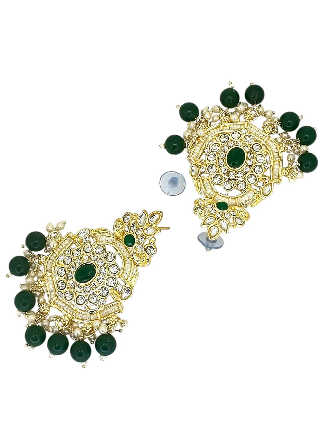 Gold Plated Cubic Zircon Studded Green Earrings with Maangtikka Set