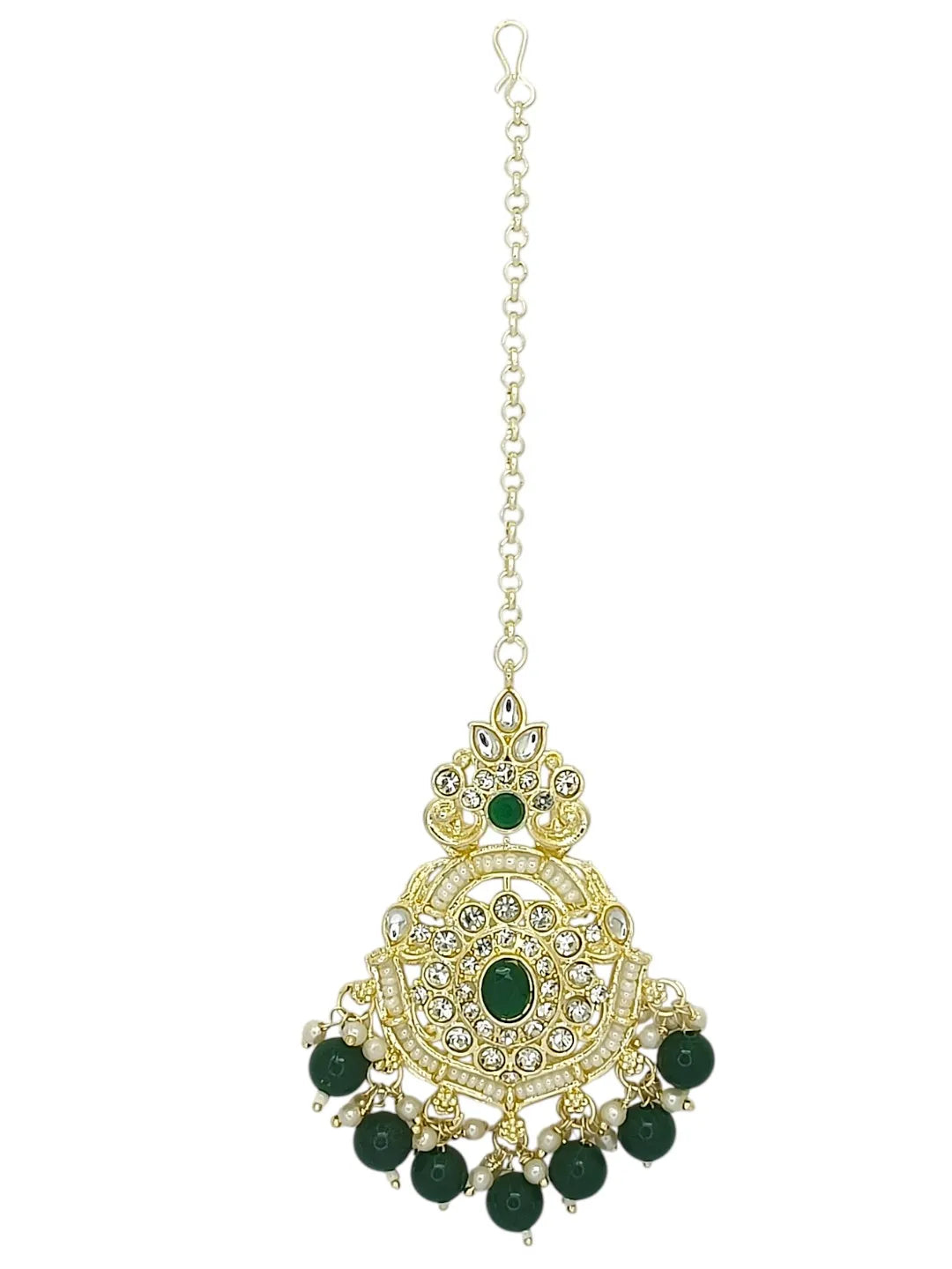 Gold Plated Cubic Zircon Studded Green Earrings with Maangtikka Set