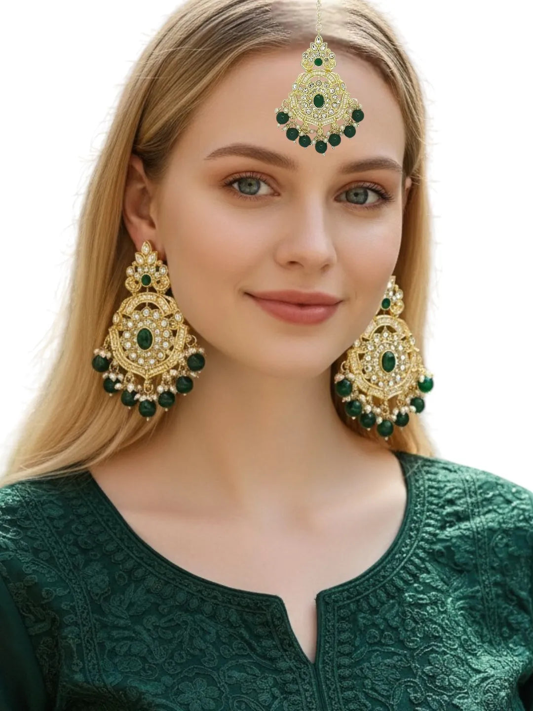 Gold Plated Cubic Zircon Studded Green Earrings with Maangtikka Set