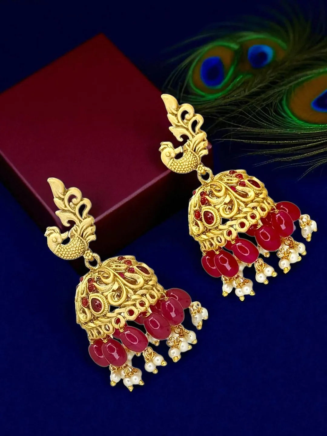 Gold Plated Artificial Stones Studded And Beaded Dome Shaped jhumkas