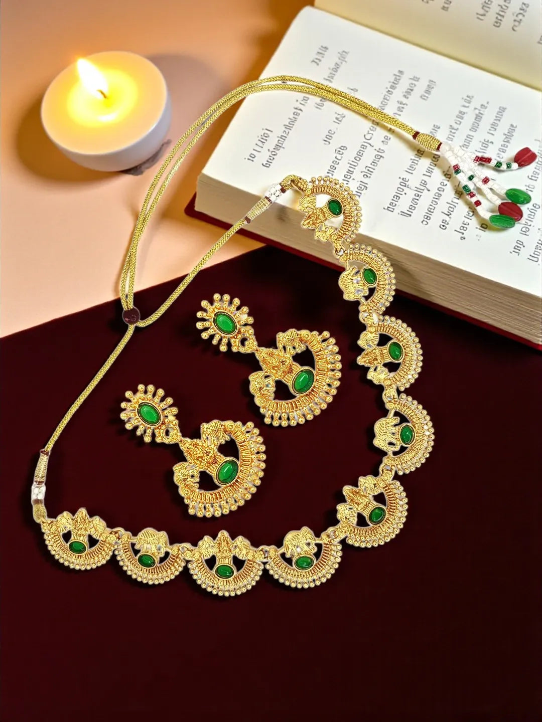 Gold-Plated Laxmi God & Motifs Green Stone Studded