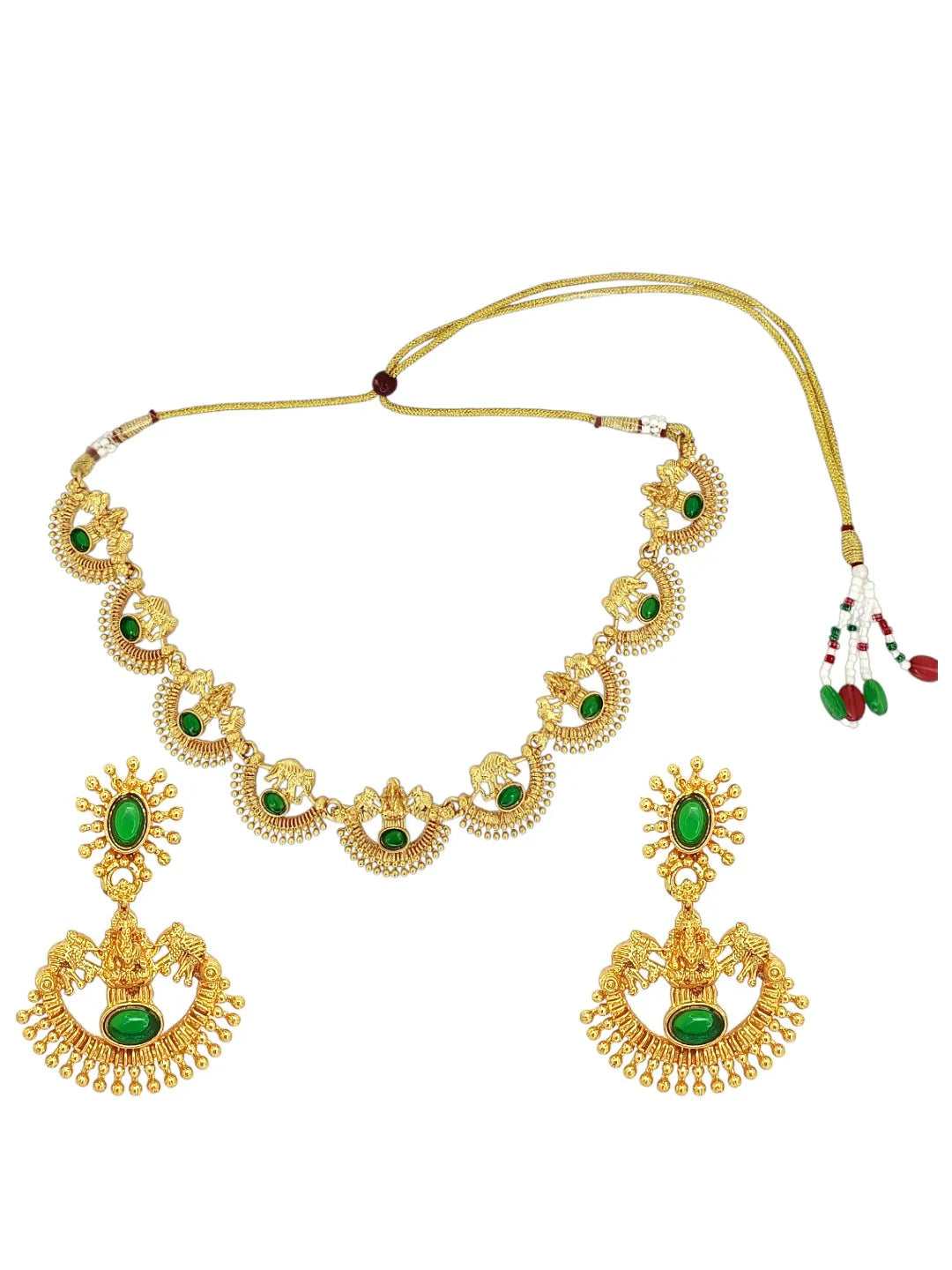Gold-Plated Laxmi God & Motifs Green Stone Studded