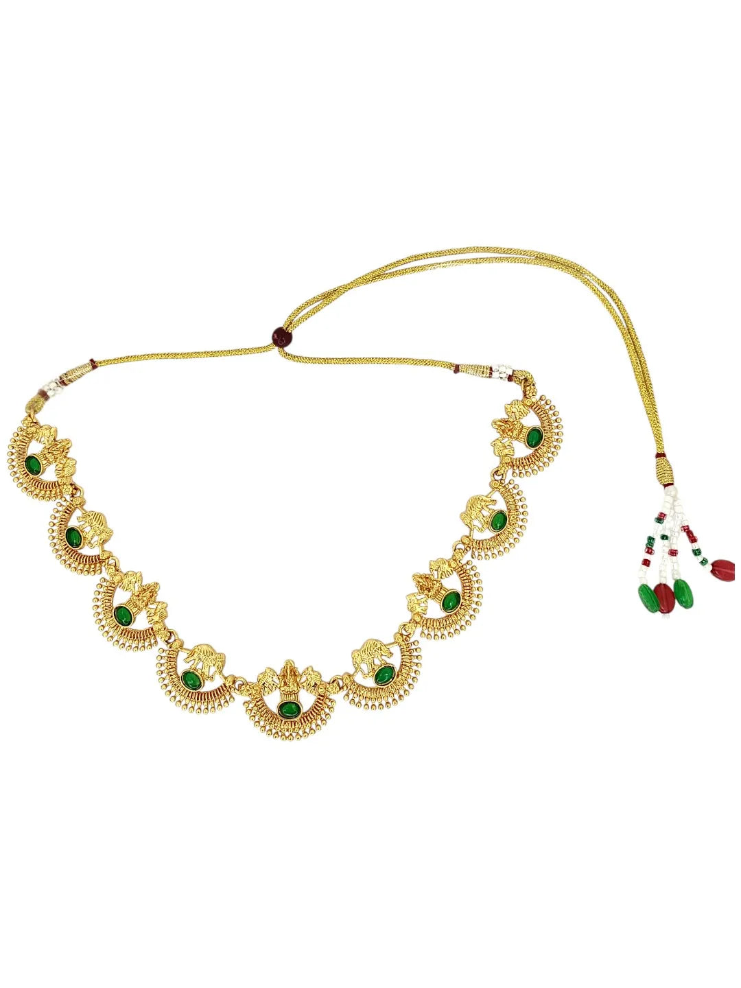 Gold-Plated Laxmi God & Motifs Green Stone Studded