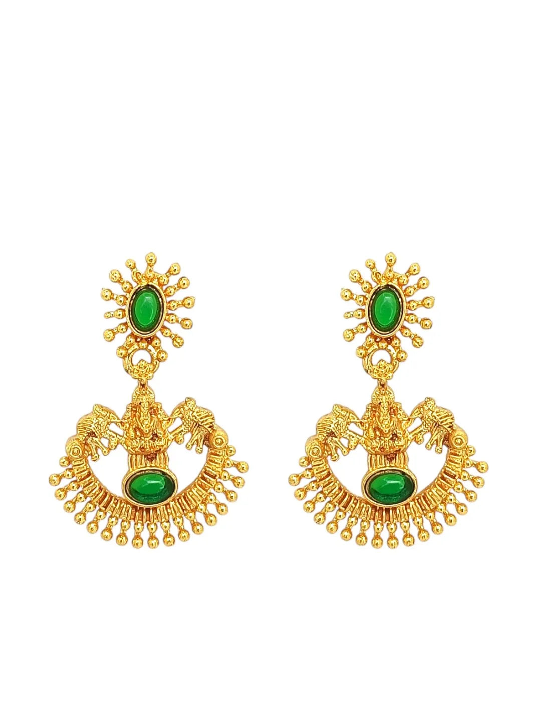 Gold-Plated Laxmi God & Motifs Green Stone Studded