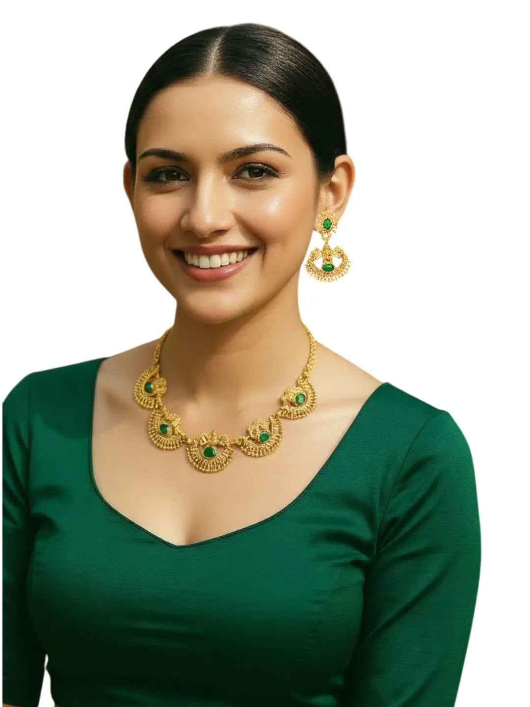 Gold-Plated Laxmi God & Motifs Green Stone Studded