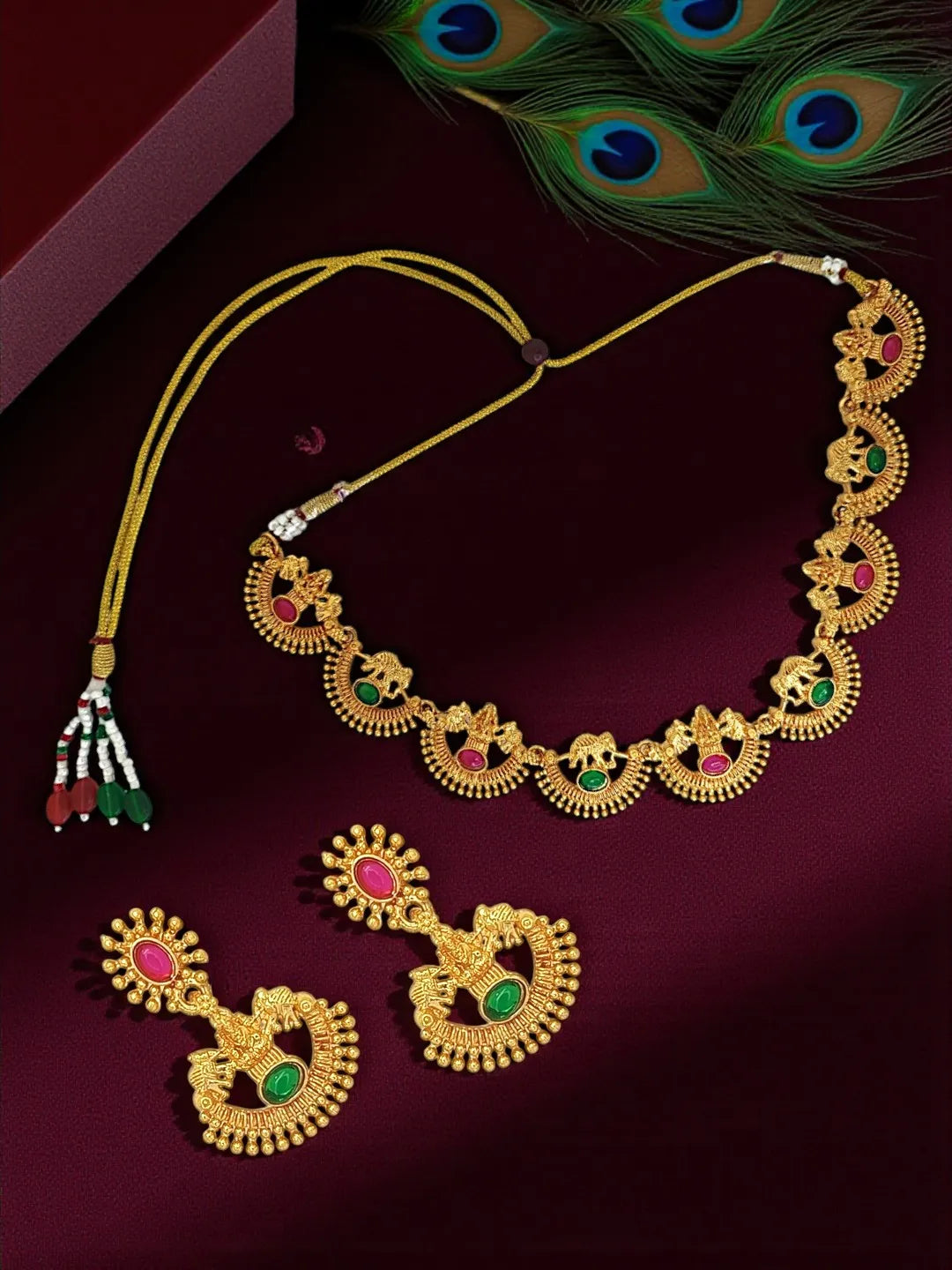 Gold-Plated Laxmi God & Motifs Multicolor Stone Studded