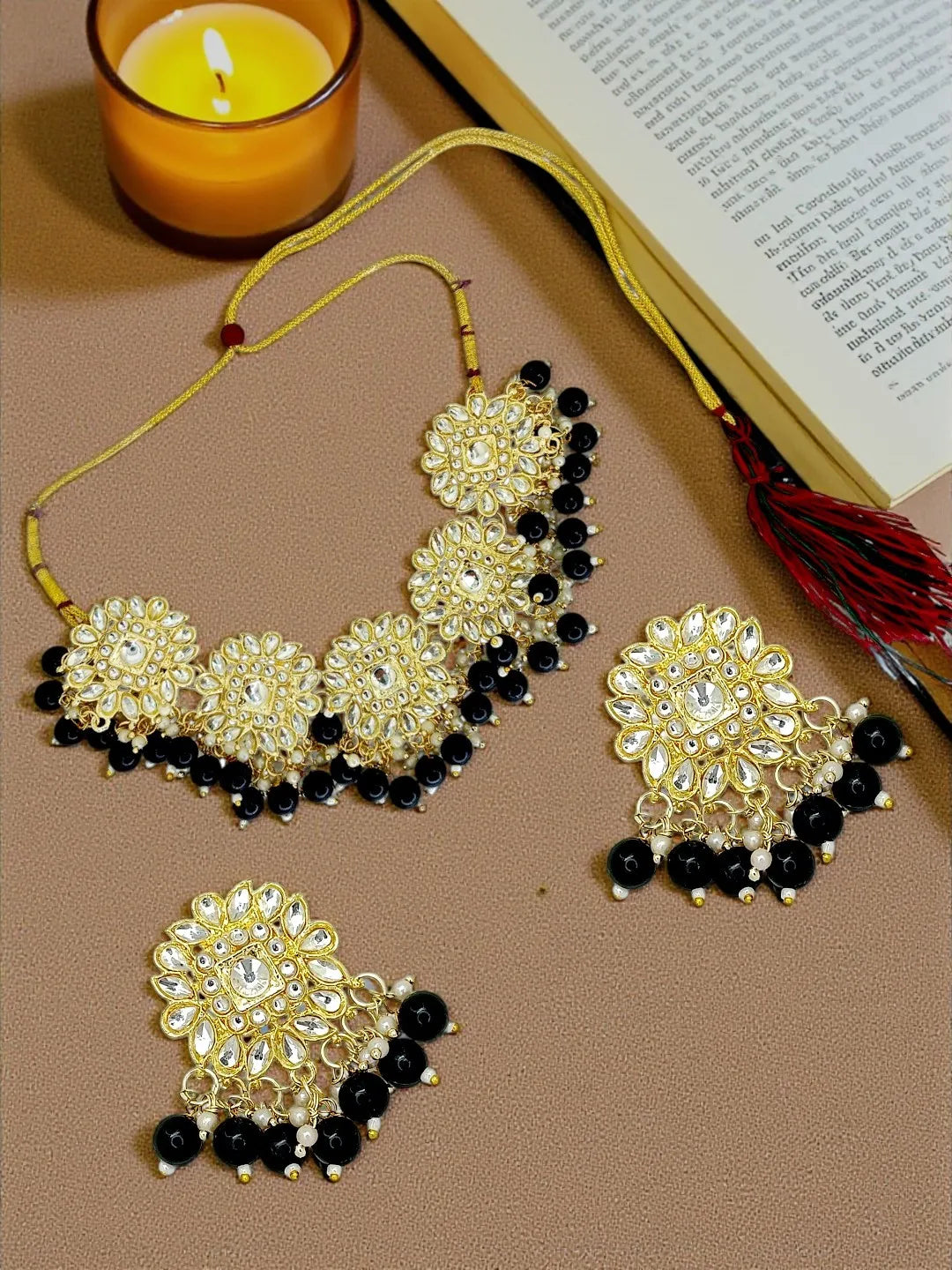 Gold-Plated Black Kundan Studded Jewellery Set