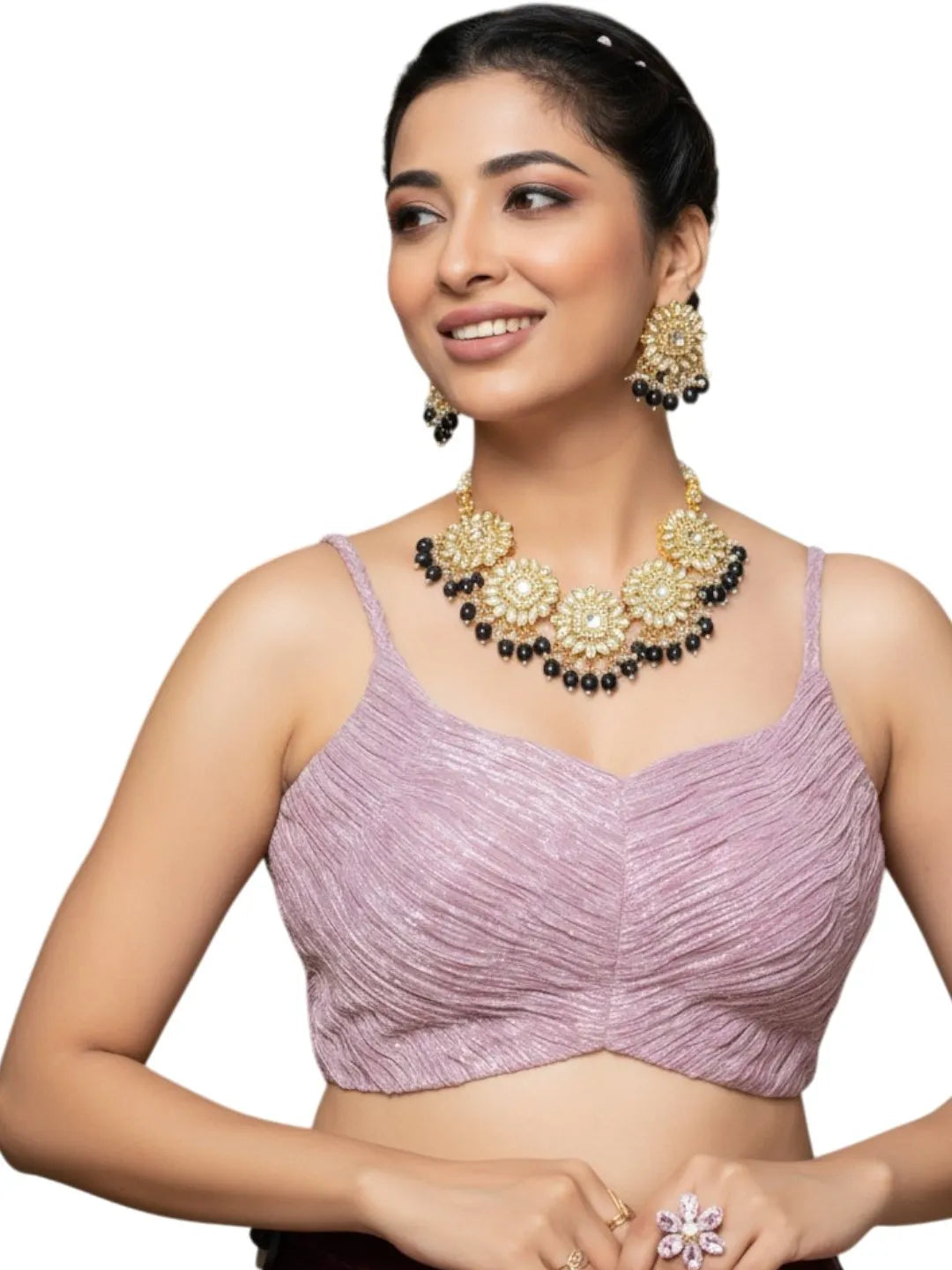 Gold-Plated Black Kundan Studded Jewellery Set