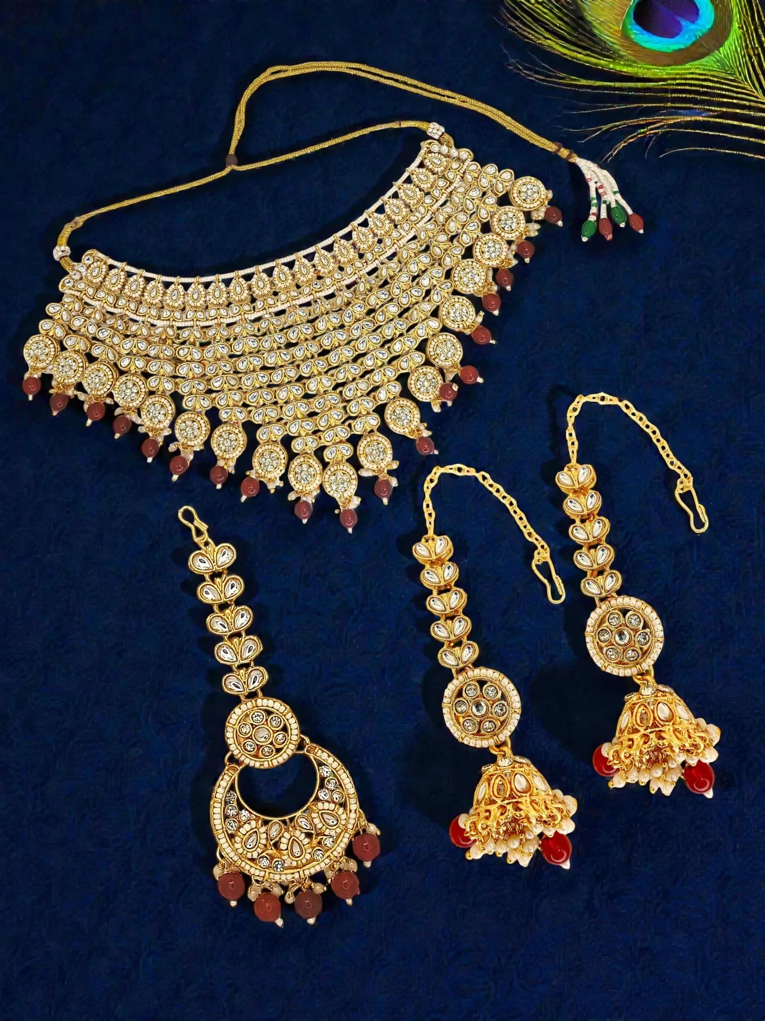 Gold-Plated Kundan Maang Tika and Earrings