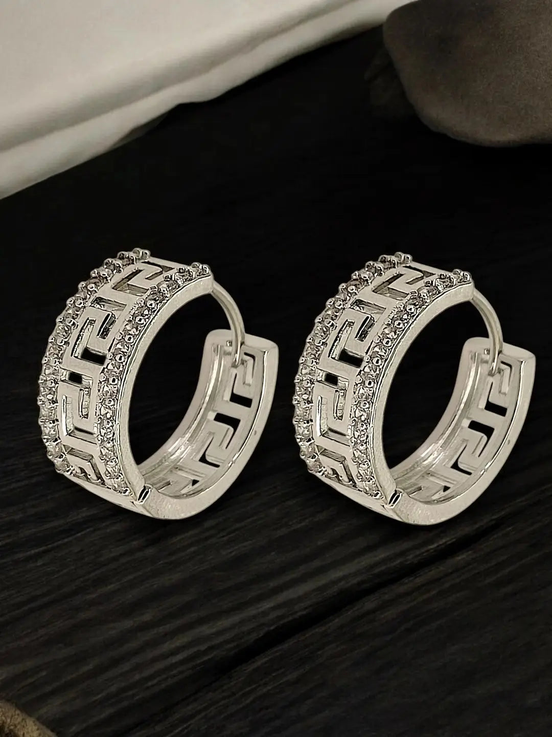 Silver Plated Greek Key Ameriacan Diamond Hoop Earrings
