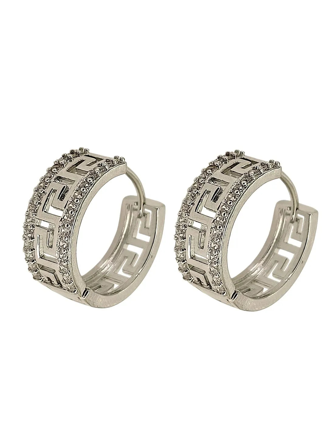 Silver Plated Greek Key Ameriacan Diamond Hoop Earrings