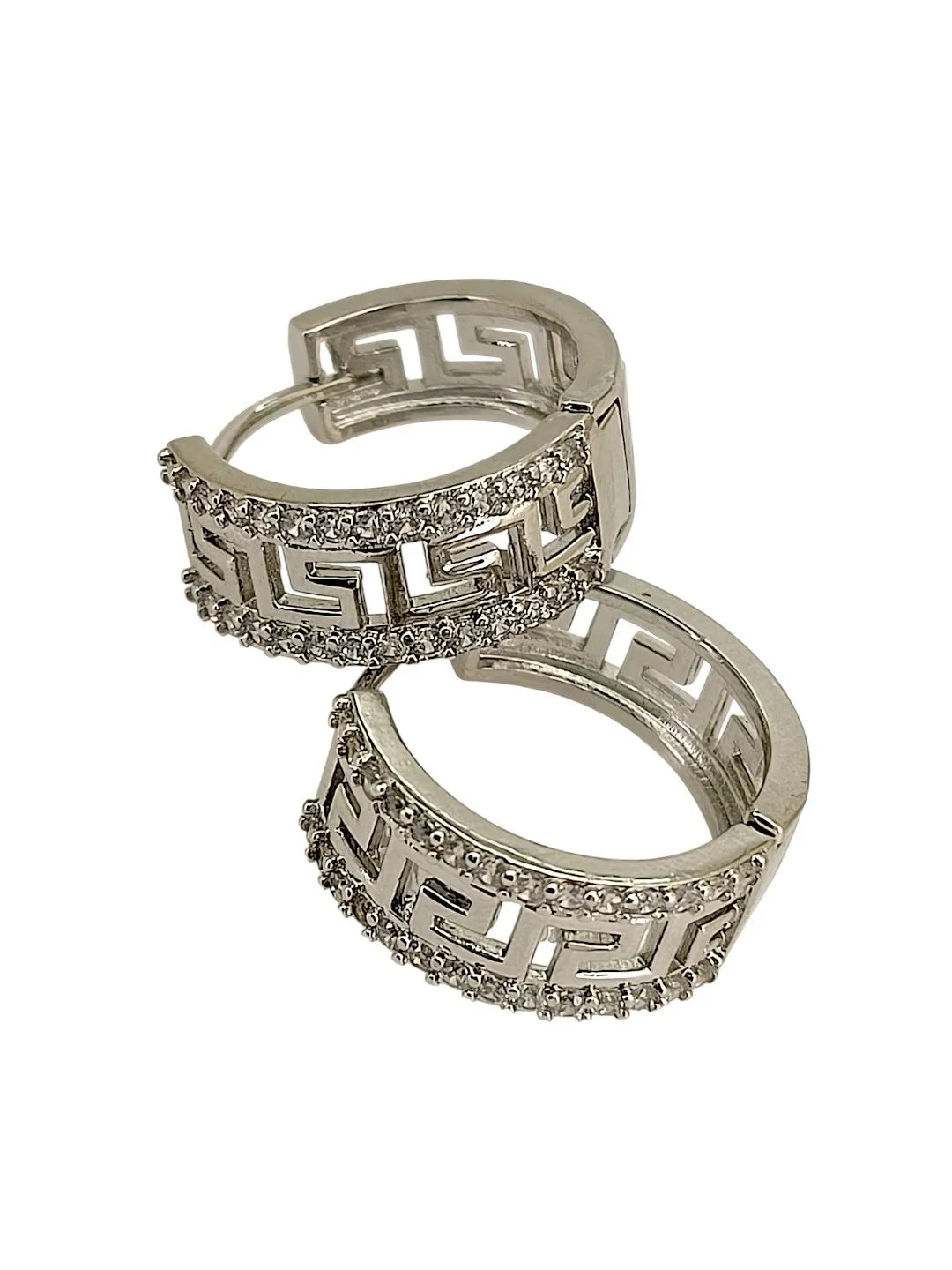 Silver Plated Greek Key Ameriacan Diamond Hoop Earrings