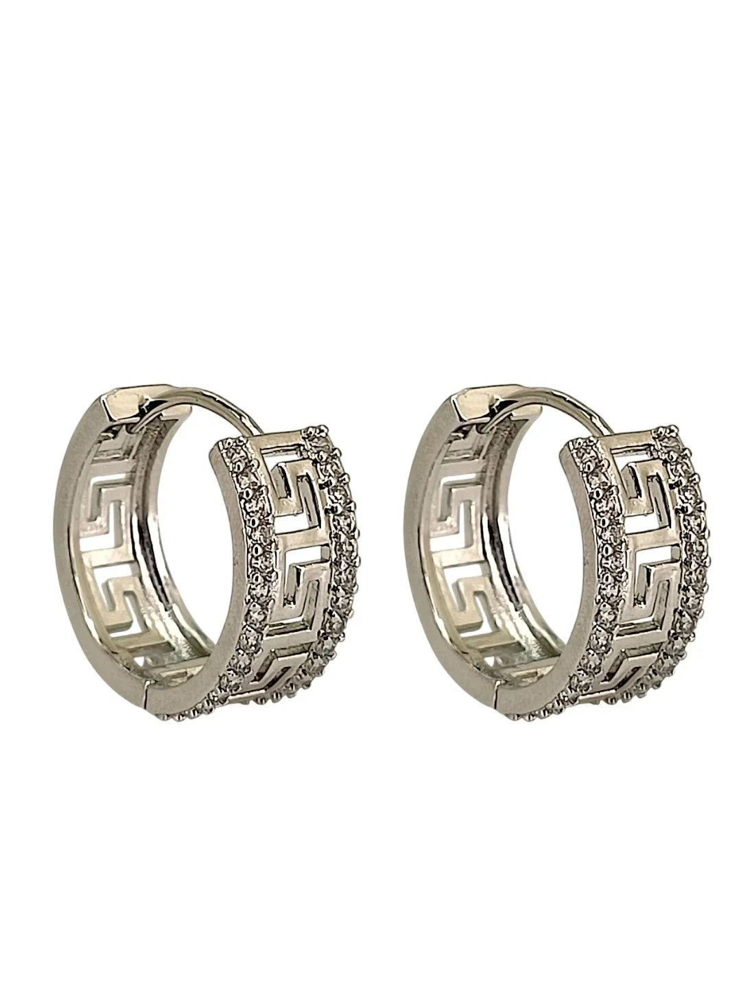 Silver Plated Greek Key Ameriacan Diamond Hoop Earrings