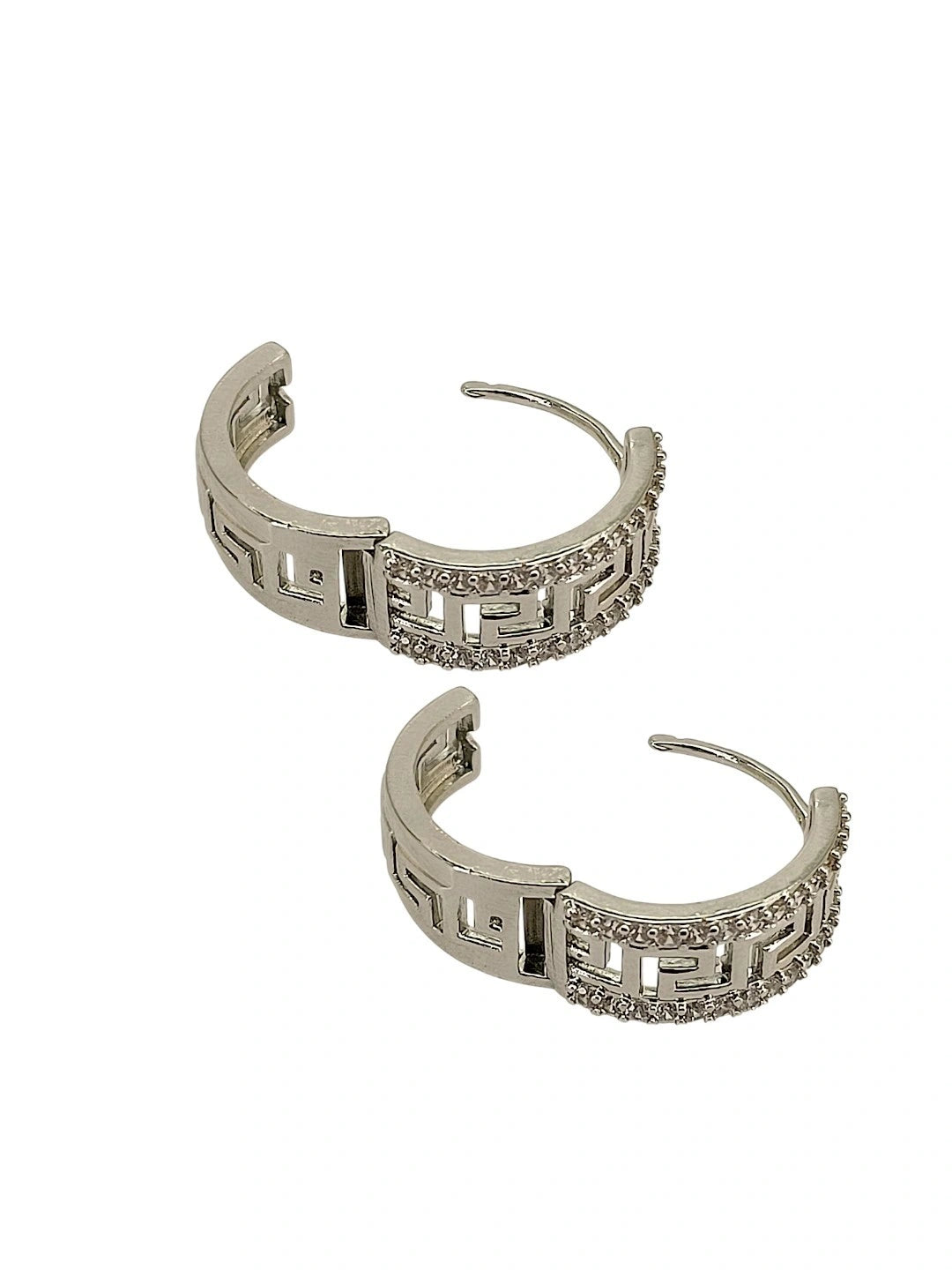 Silver Plated Greek Key Ameriacan Diamond Hoop Earrings