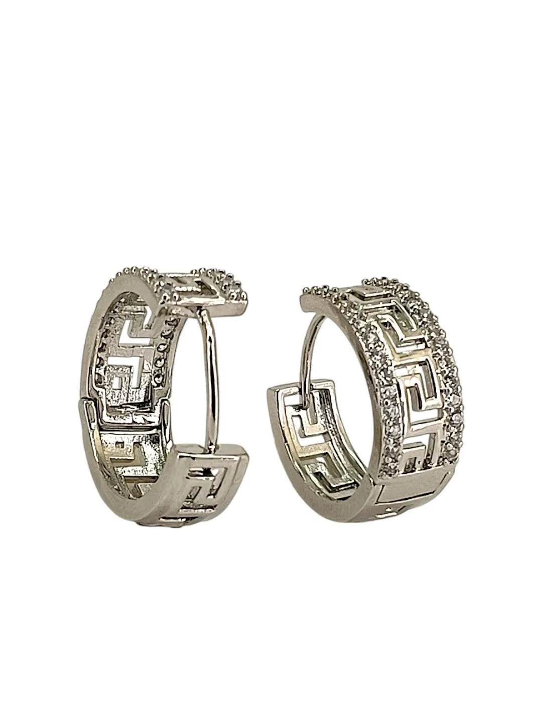 Silver Plated Greek Key Ameriacan Diamond Hoop Earrings