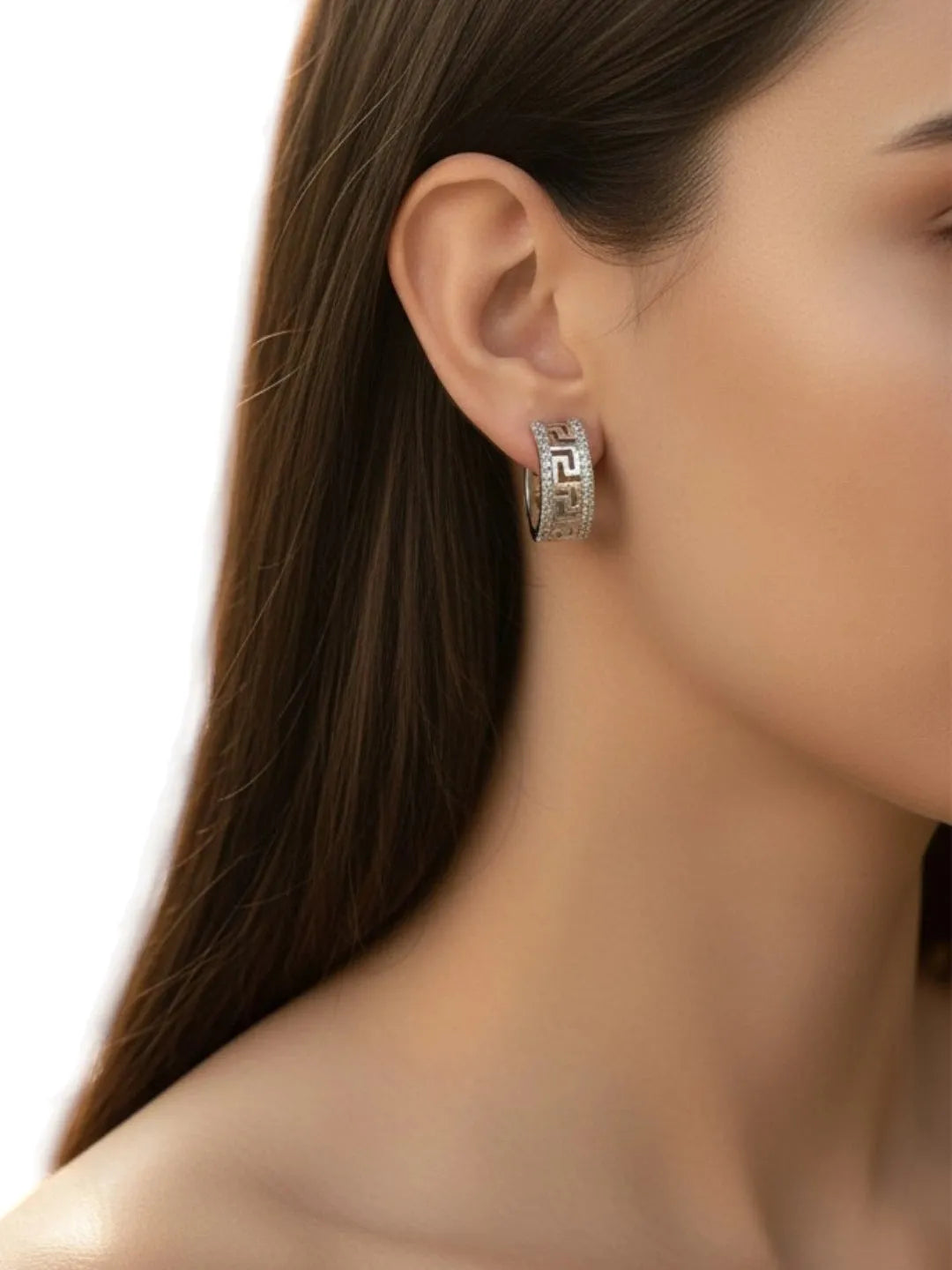 Silver Plated Greek Key Ameriacan Diamond Hoop Earrings