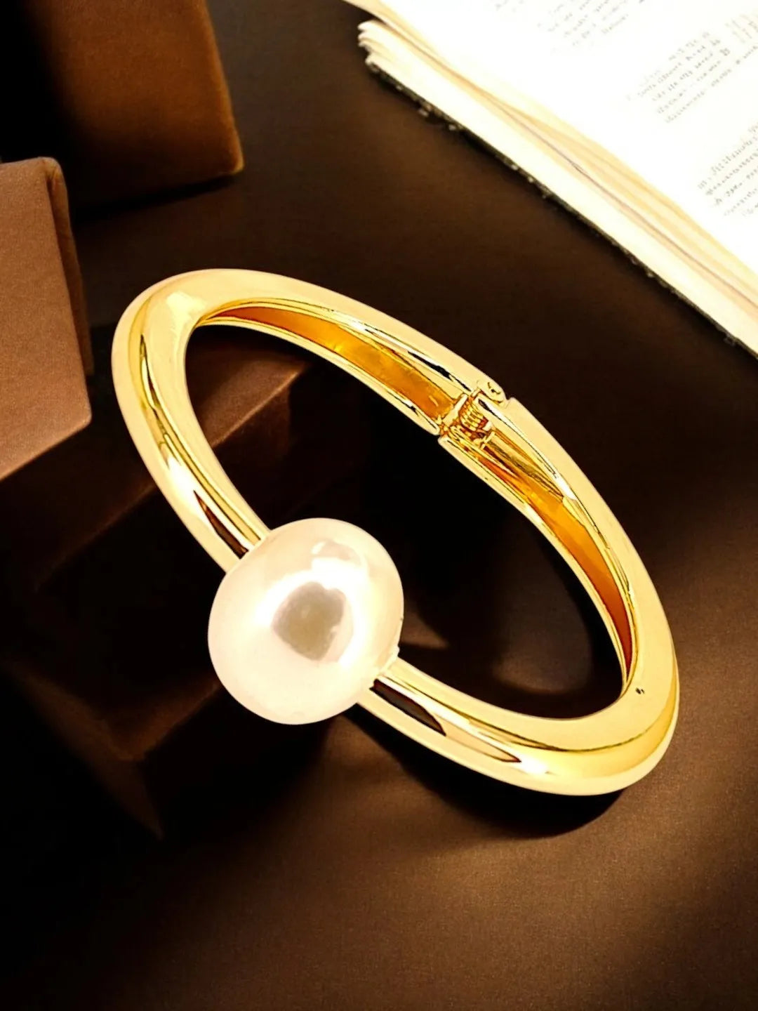 Women Gold Plated White Bead Cuff Bracelet