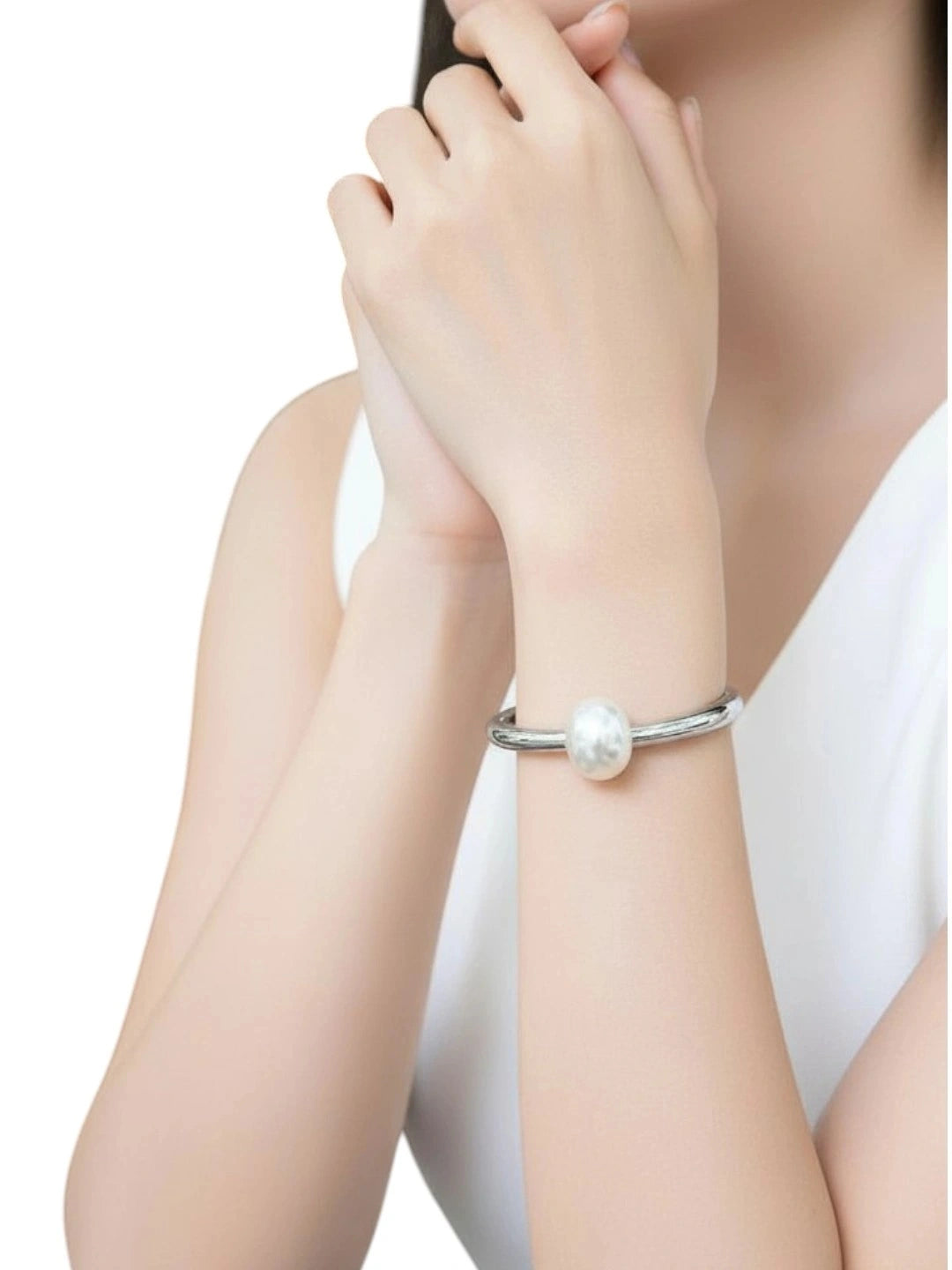 Women Silver Plated Pearl Cuff Bracelet