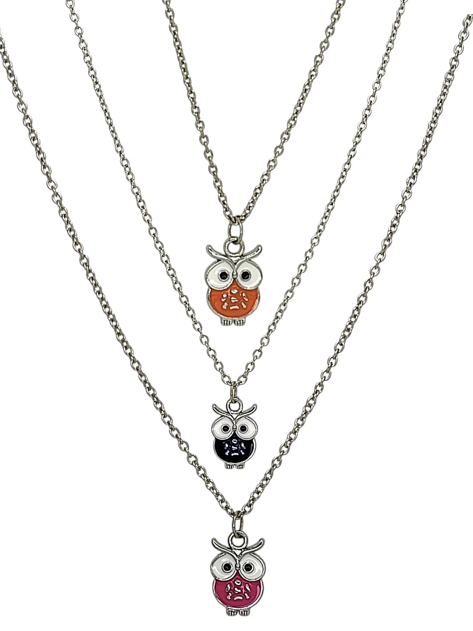 Silver-Plated Red & Black Tri Owl Shaped Necklace