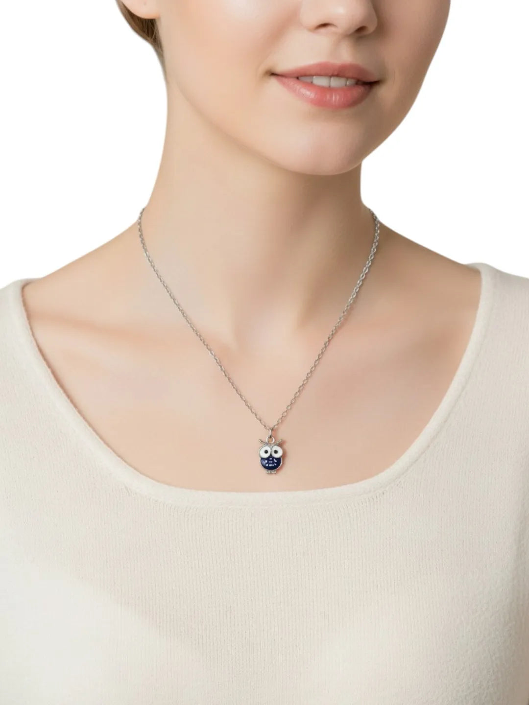 Silver-Plated Red & Black Tri Owl Shaped Necklace