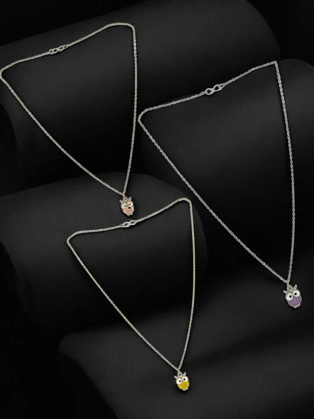 Silver-Plated Pastel Color Tri Owl Shaped Necklace