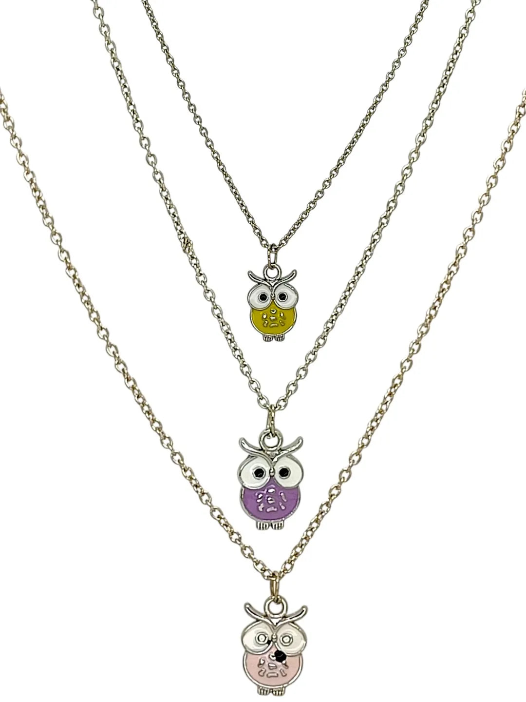 Silver-Plated Pastel Color Tri Owl Shaped Necklace