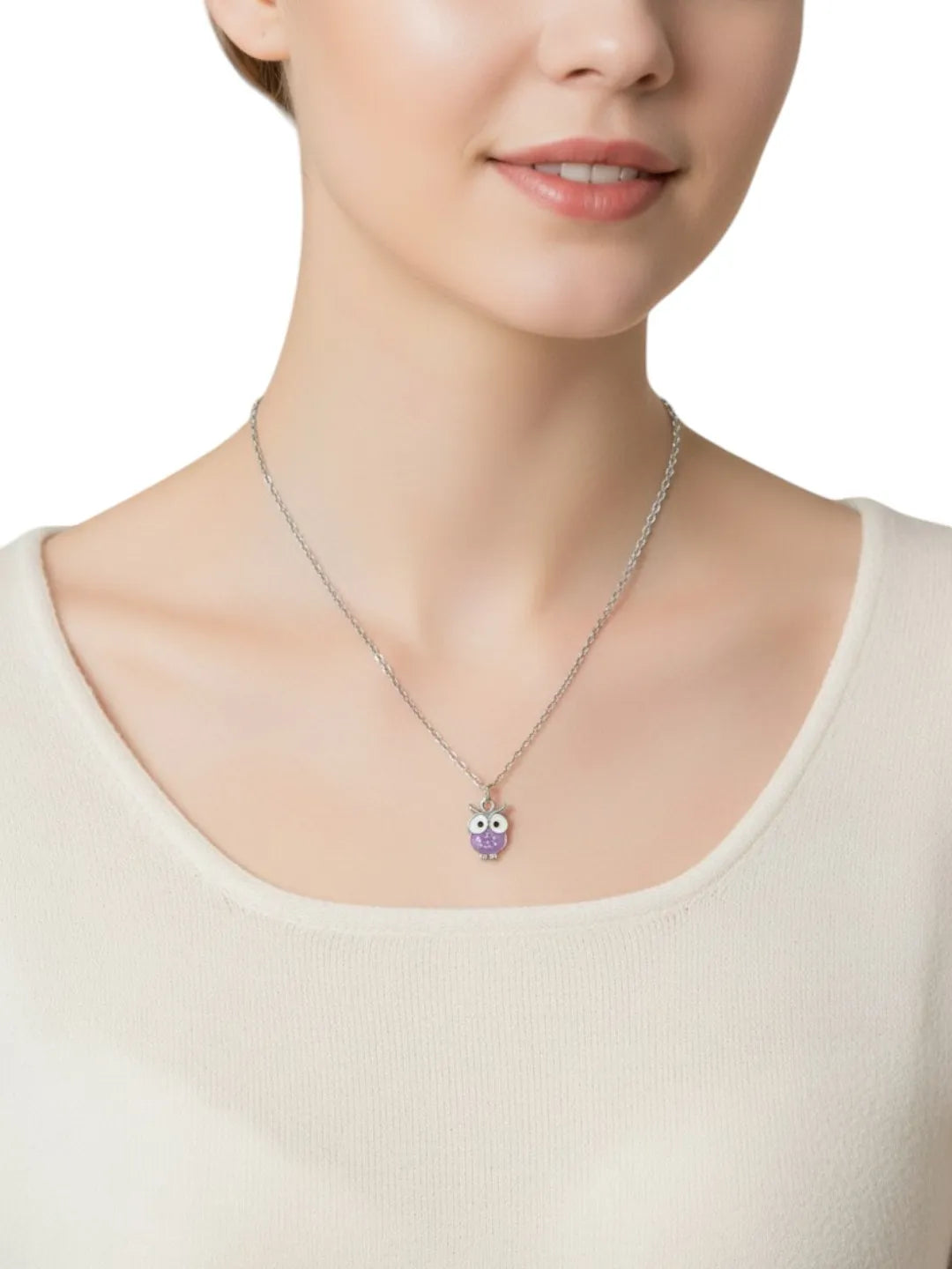 Silver-Plated Pastel Color Tri Owl Shaped Necklace
