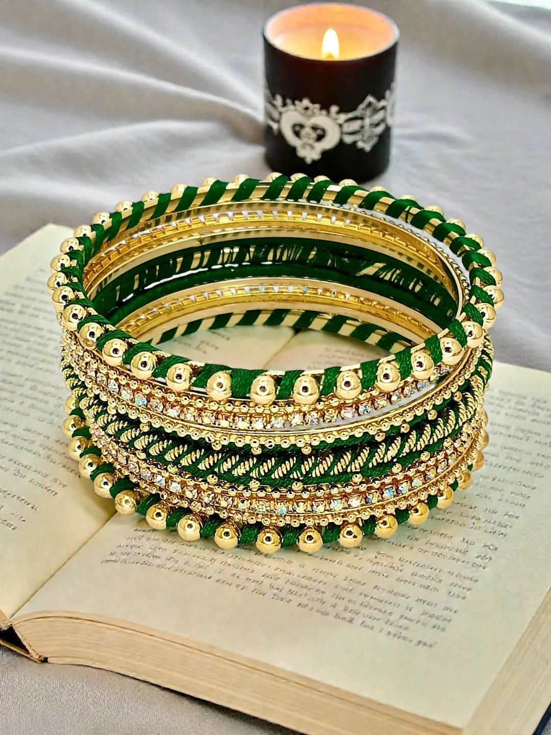 Gold Plated Set Of 11 CZ Green Silk Bangle set