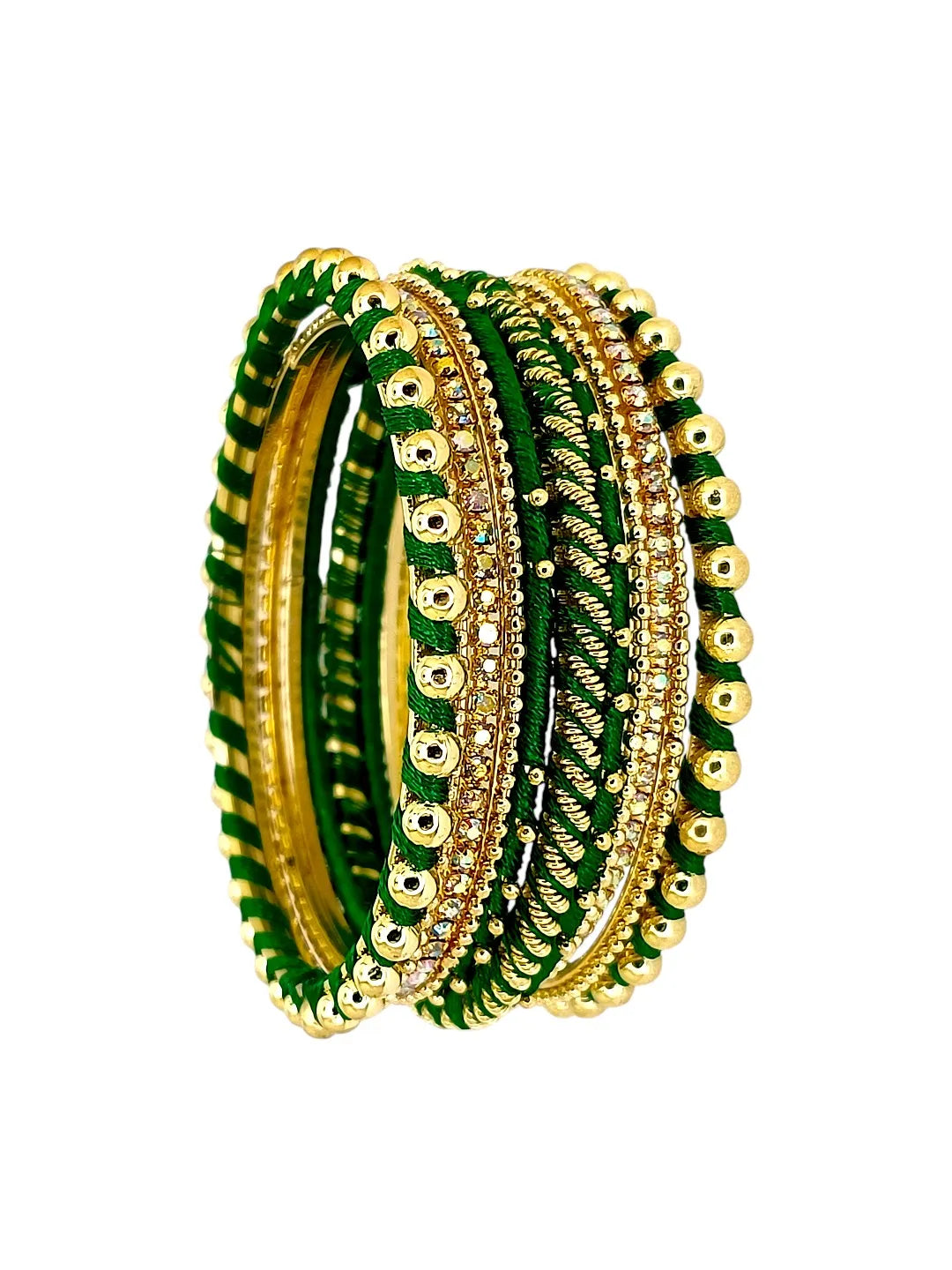 Gold Plated Set Of 11 CZ Green Silk Bangle set
