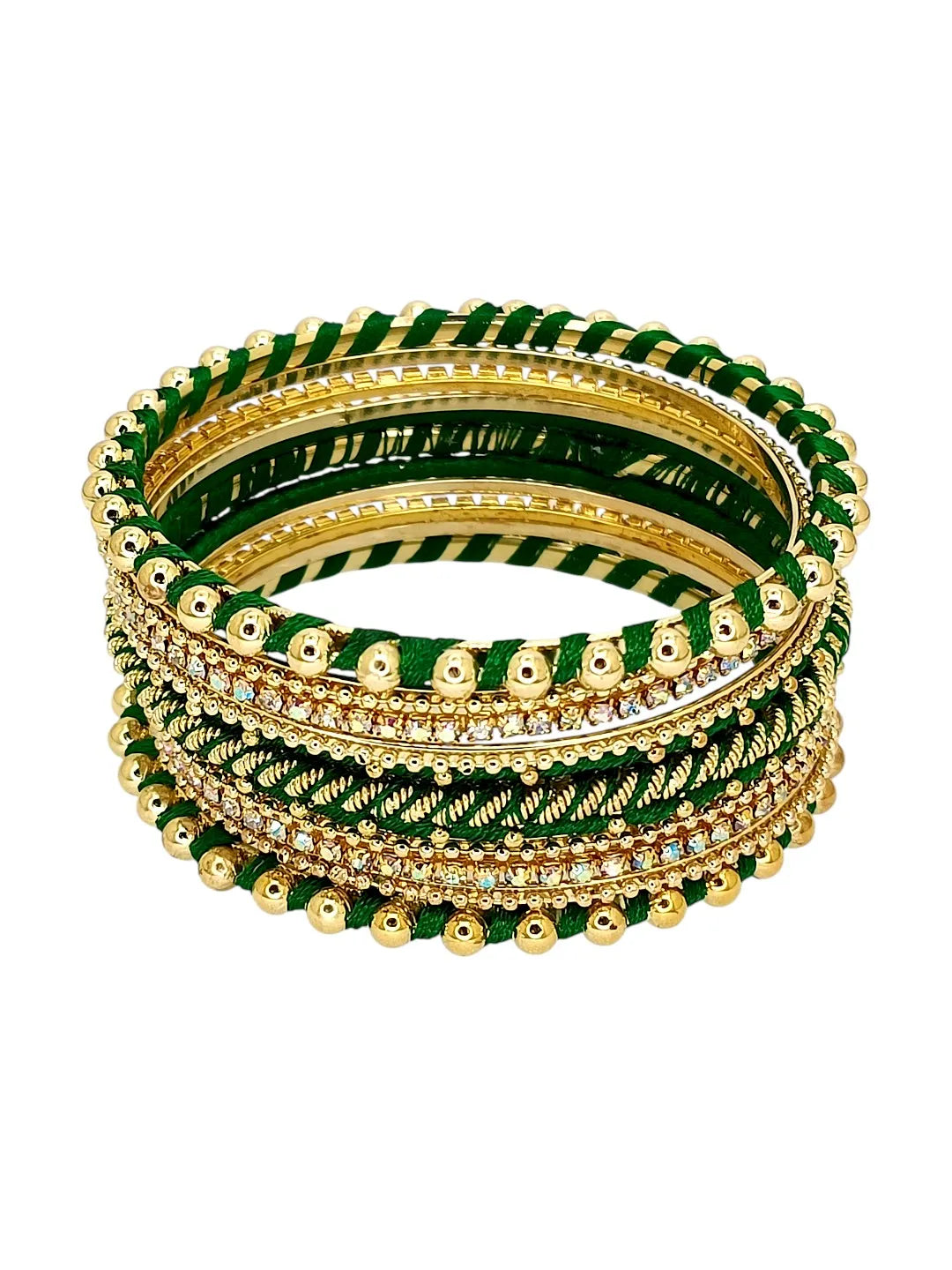 Gold Plated Set Of 11 CZ Green Silk Bangle set