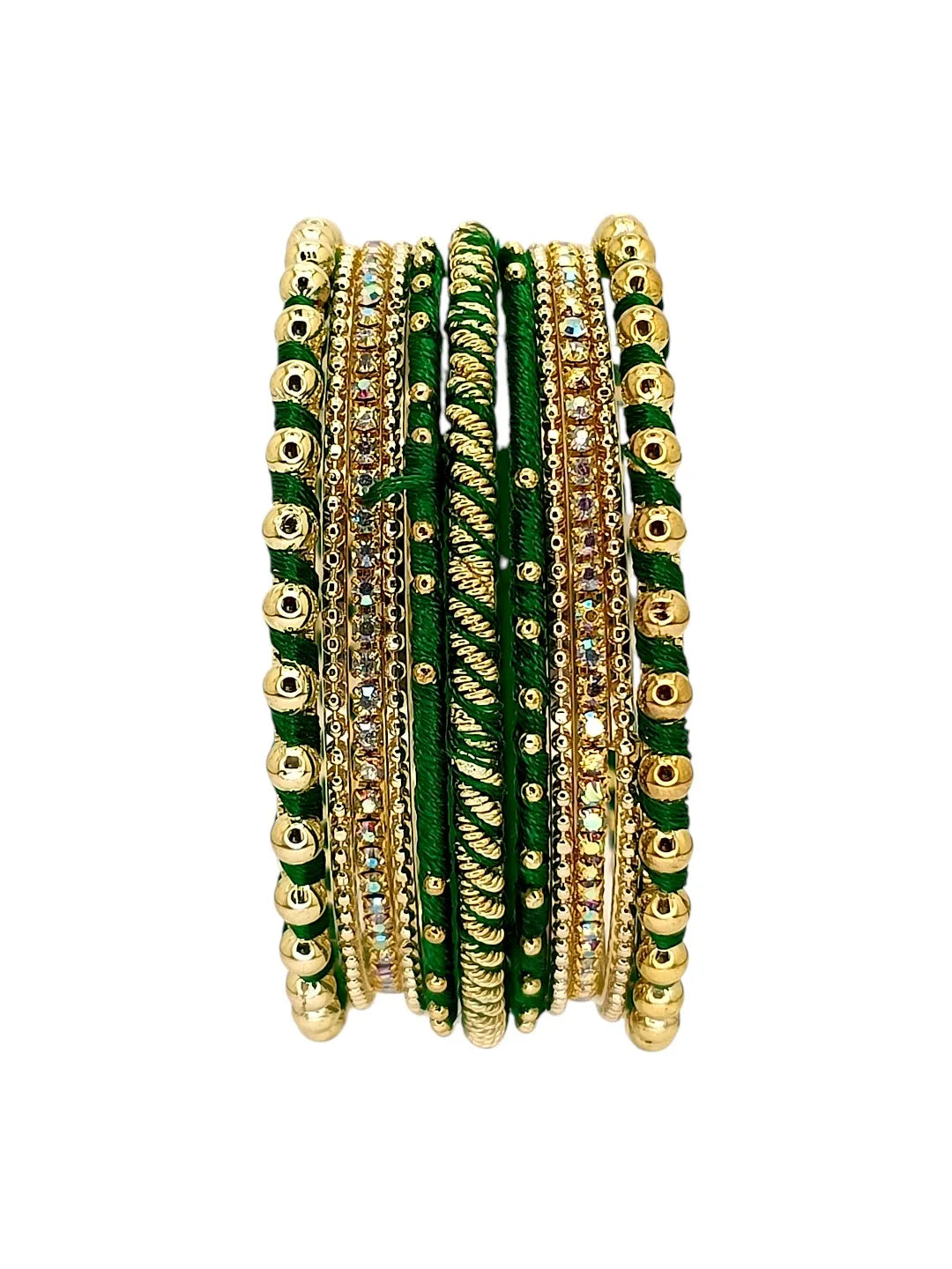 Gold Plated Set Of 11 CZ Green Silk Bangle set