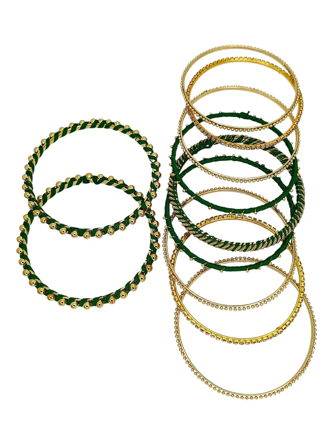 Gold Plated Set Of 11 CZ Green Silk Bangle set